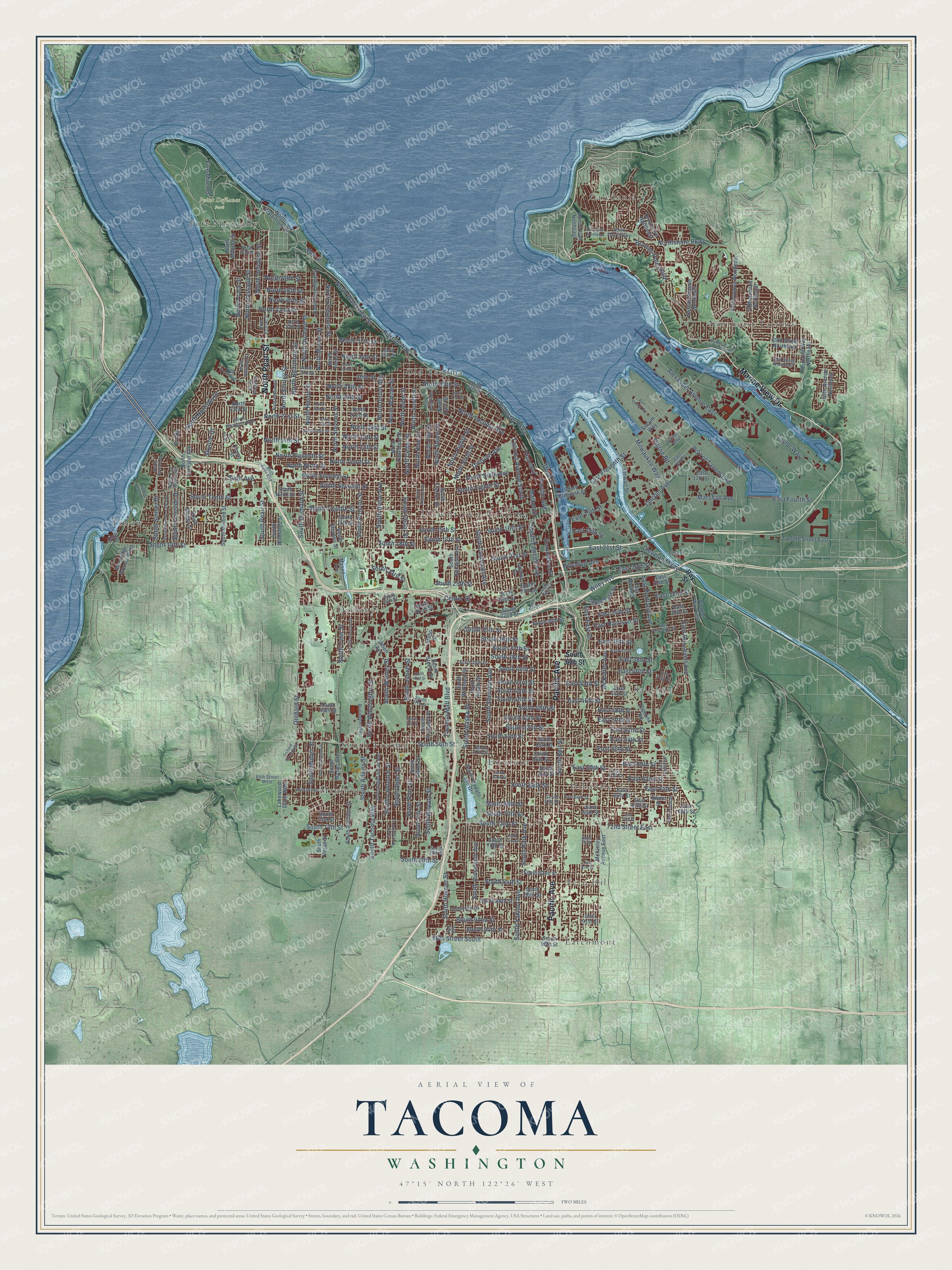 Full map of Tacoma, Washington, with red buildings, printed street names and the land around them