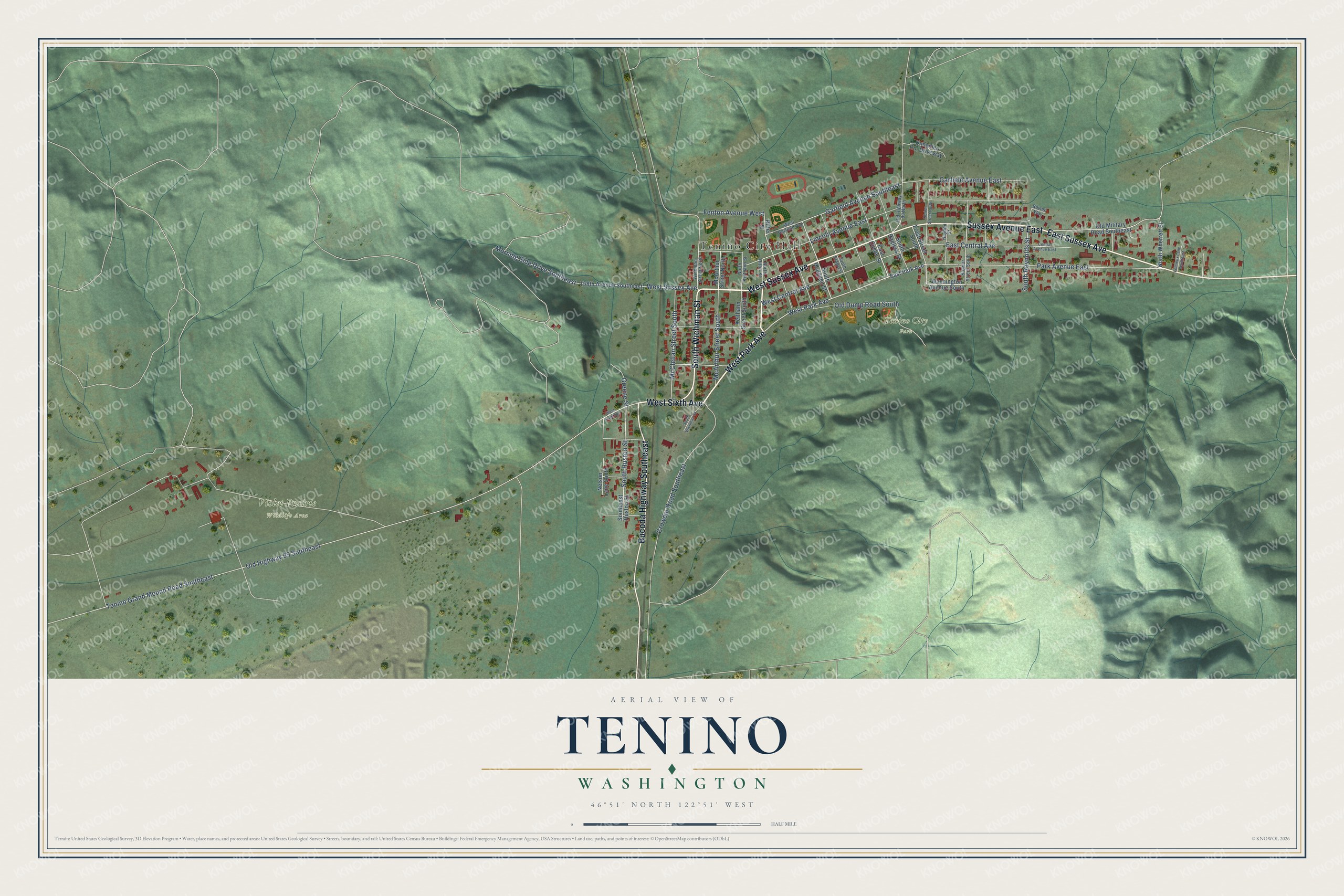 Full map of Tenino, Washington, with red buildings, printed street names and the land around them