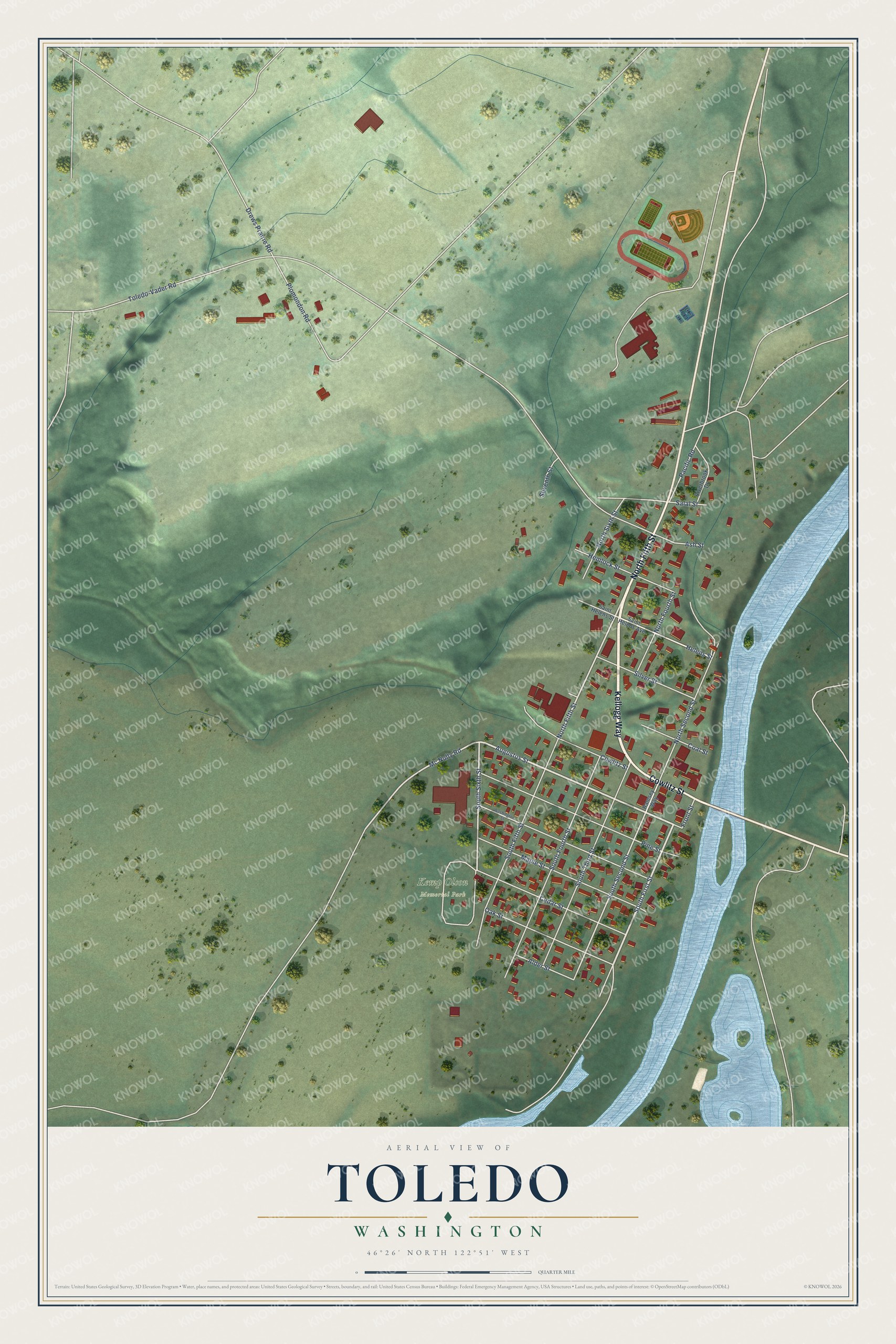 Full map of Toledo, Washington, with red buildings, printed street names and the land around them