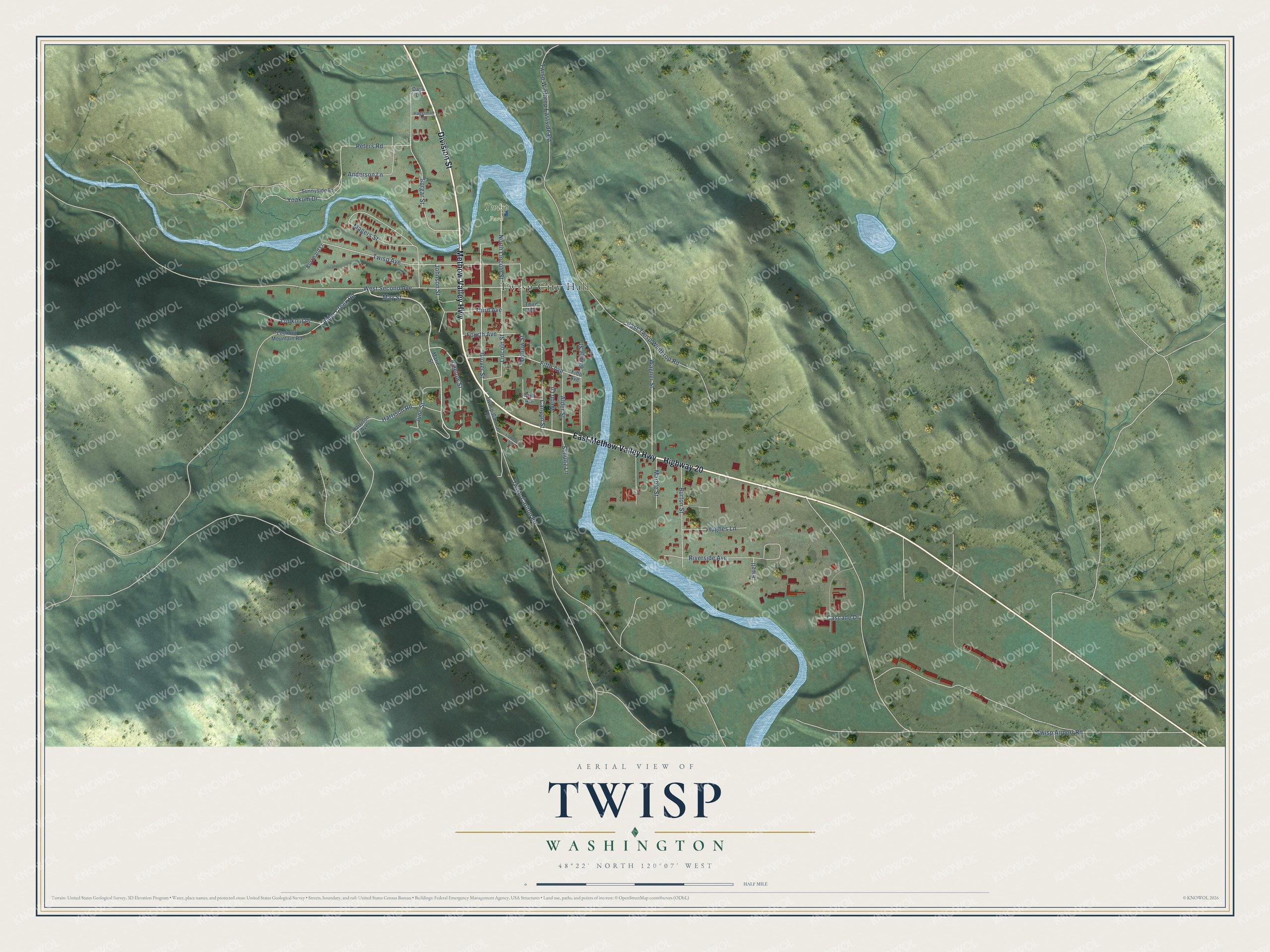 Full map of Twisp, Washington, with red buildings, printed street names and the land around them
