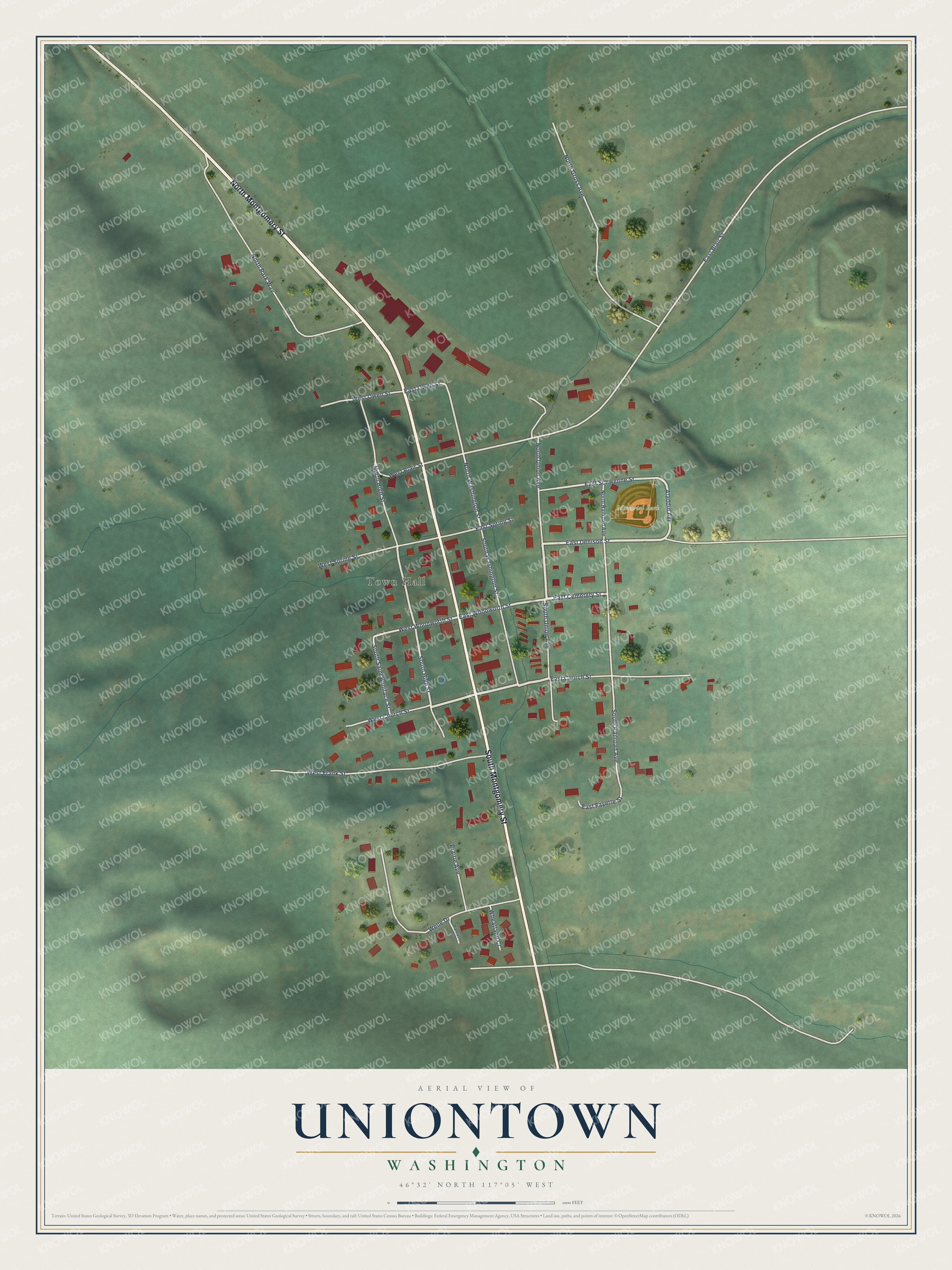 Full map of Uniontown, Washington, with red buildings, printed street names and the land around them