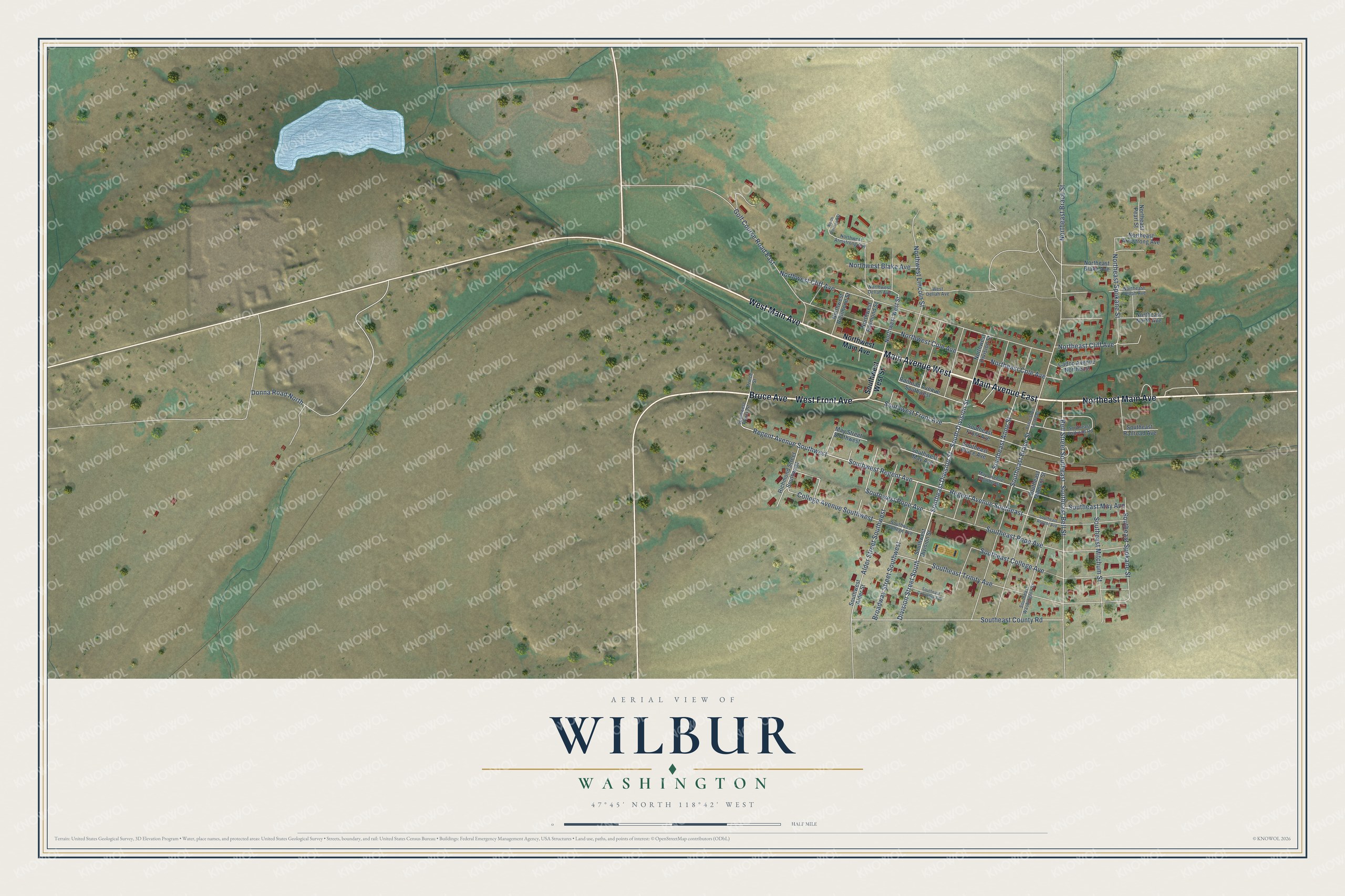 Full map of Wilbur, Washington, with red buildings, printed street names and the land around them