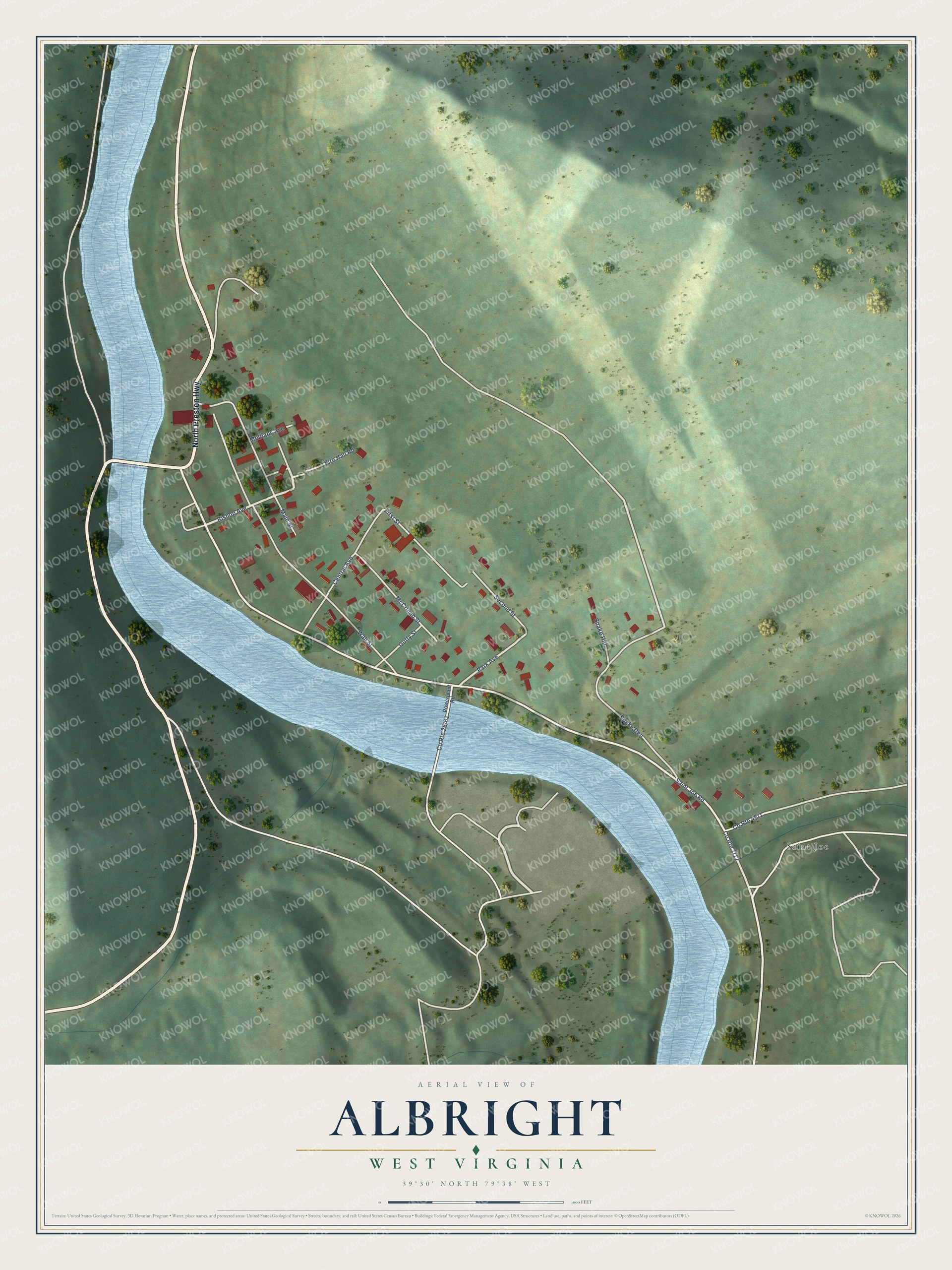 Full map of Albright, West Virginia, with red buildings, printed street names and the land around them
