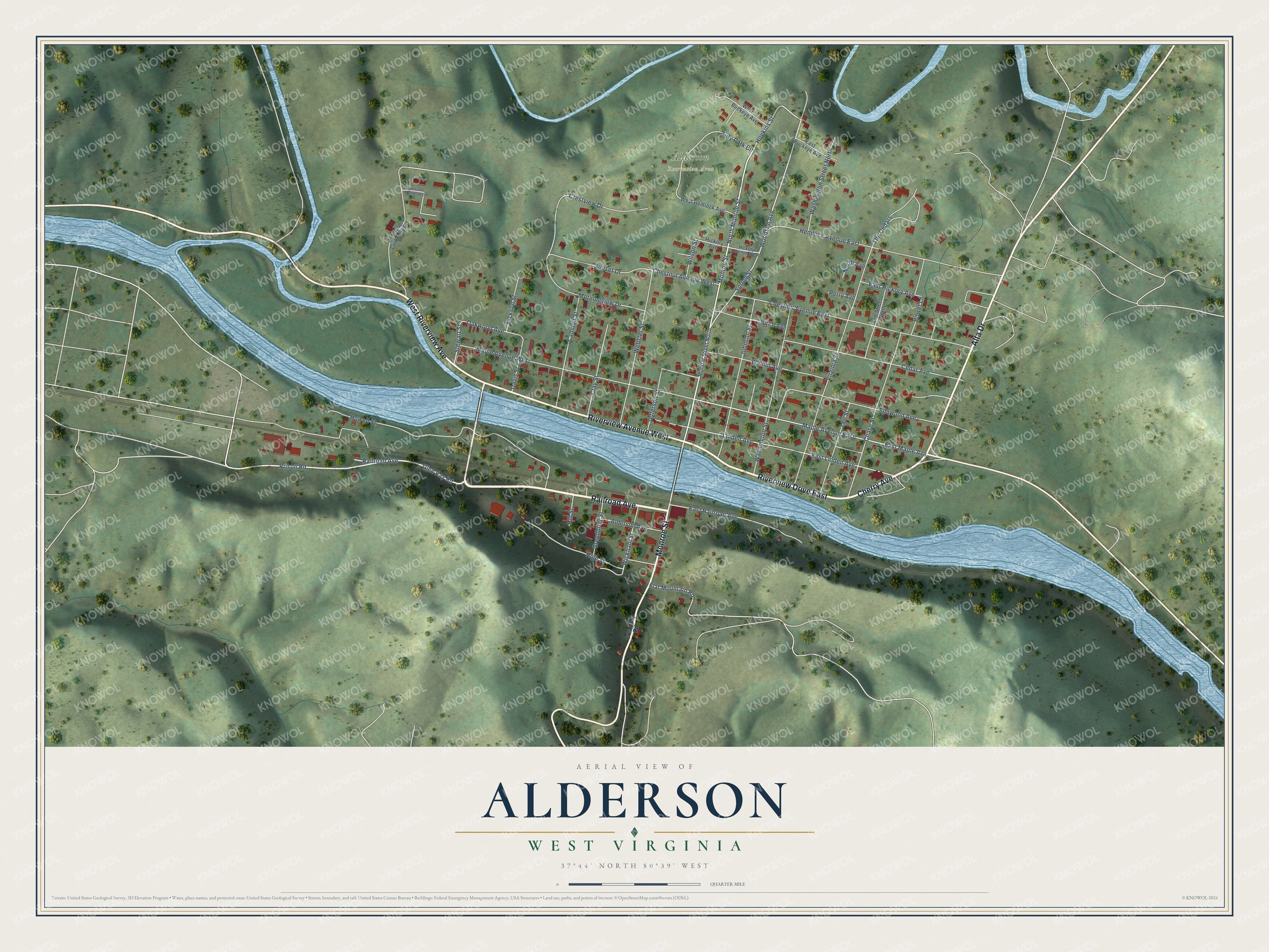 Full map of Alderson, West Virginia, with red buildings, printed street names and the land around them