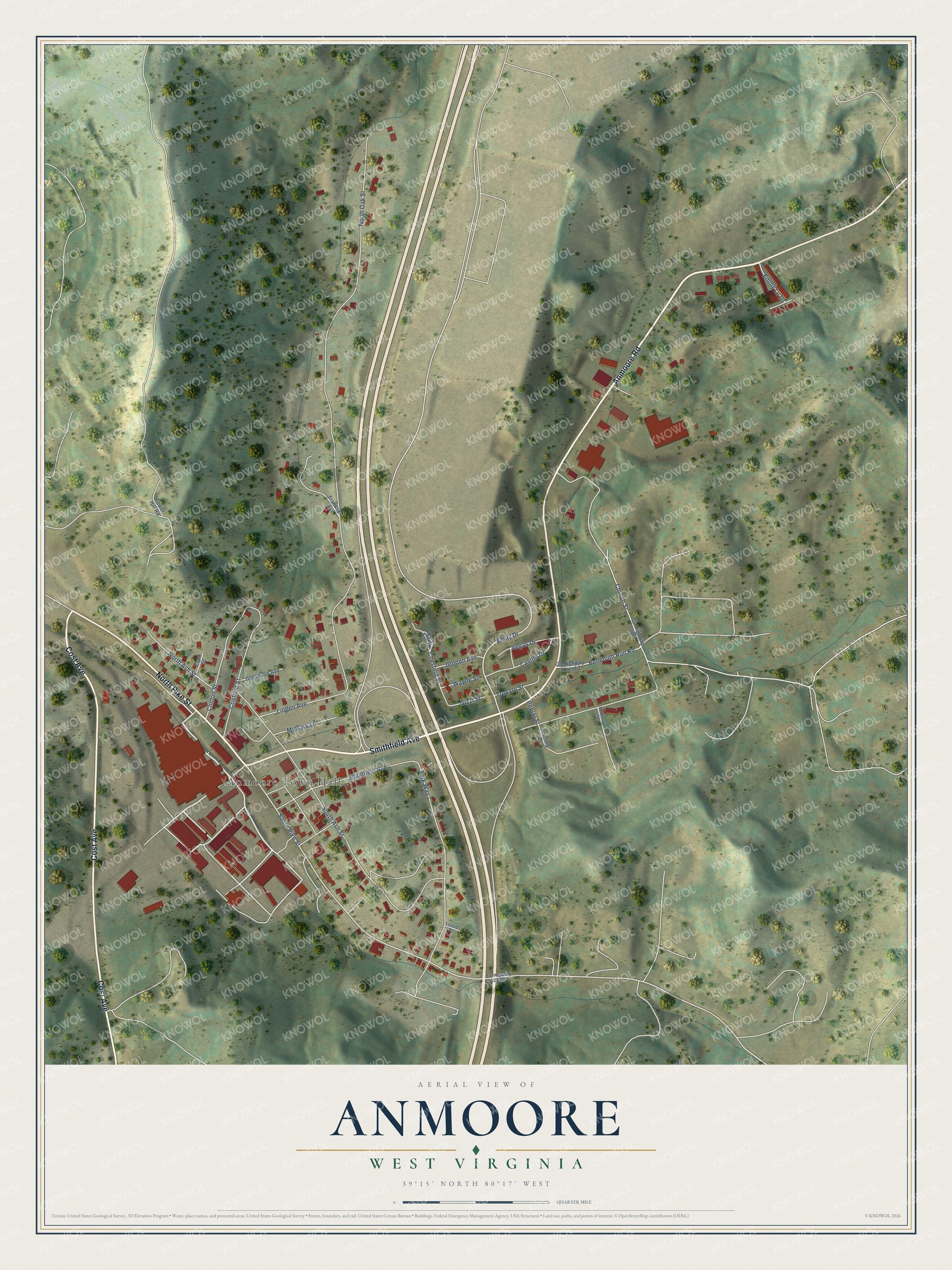 Full map of Anmoore, West Virginia, with red buildings, printed street names and the land around them