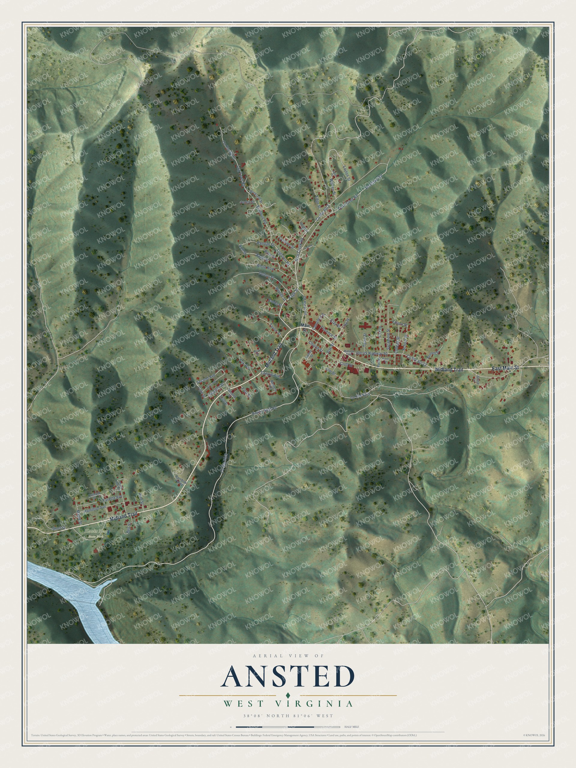 Full map of Ansted, West Virginia, with red buildings, printed street names and the land around them