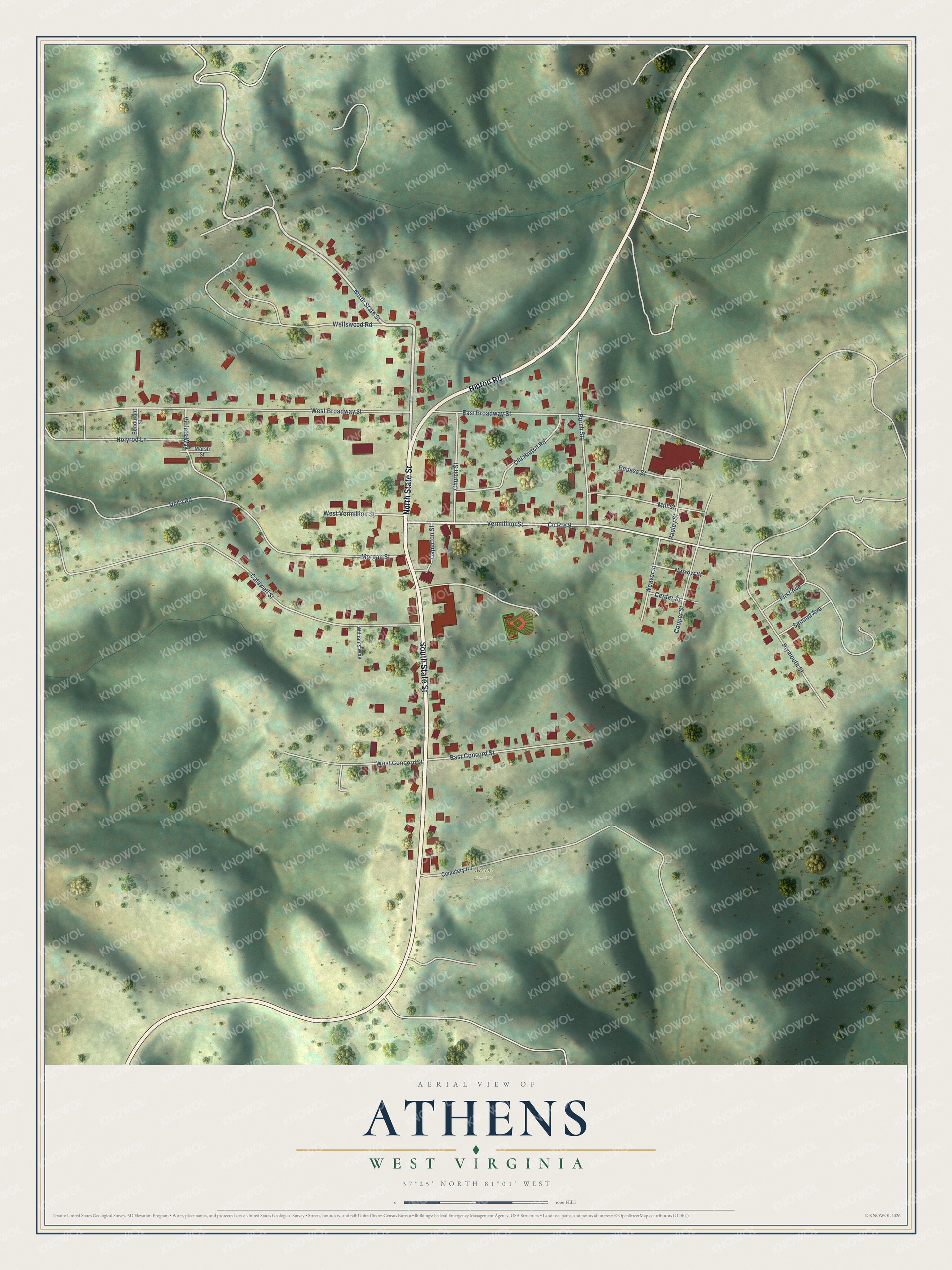 Full map of Athens, West Virginia, with red buildings, printed street names and the land around them