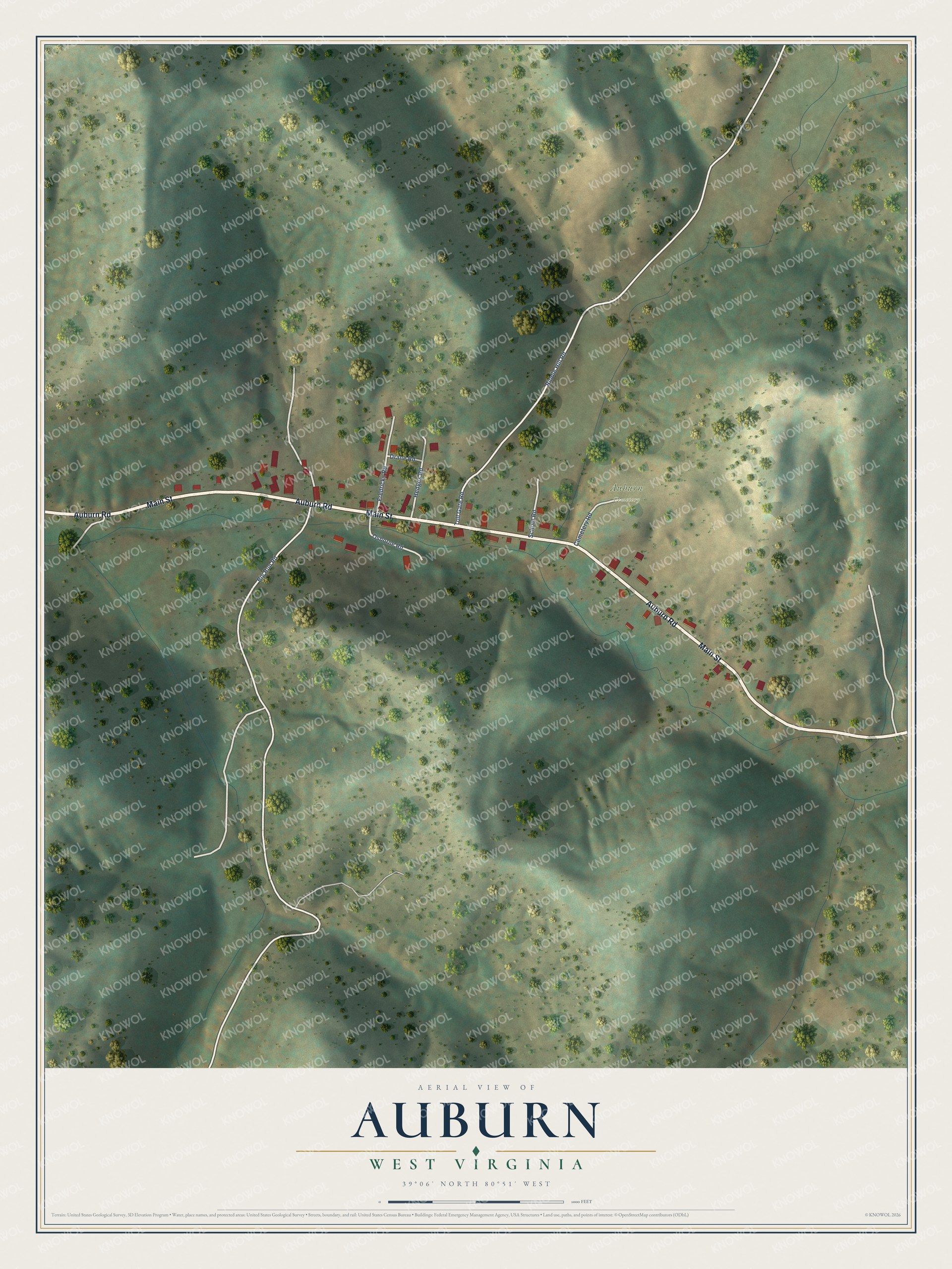Full map of Auburn, West Virginia, with red buildings, printed street names and the land around them