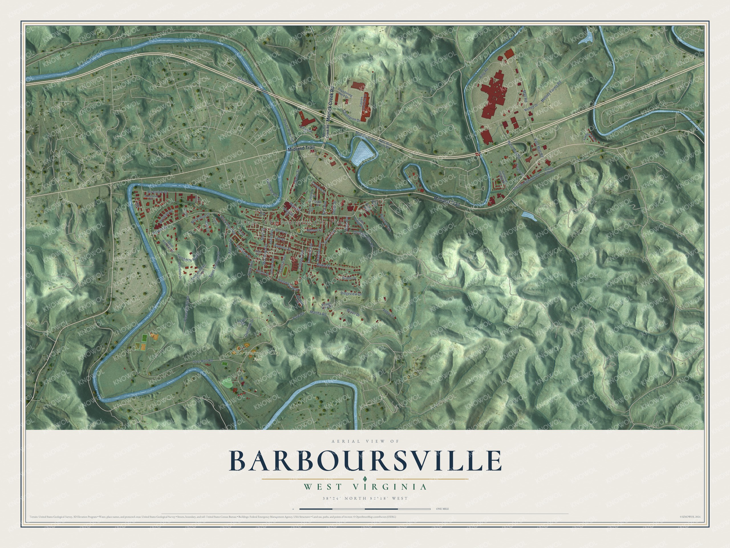 Full map of Barboursville, West Virginia, with red buildings, printed street names and the land around them