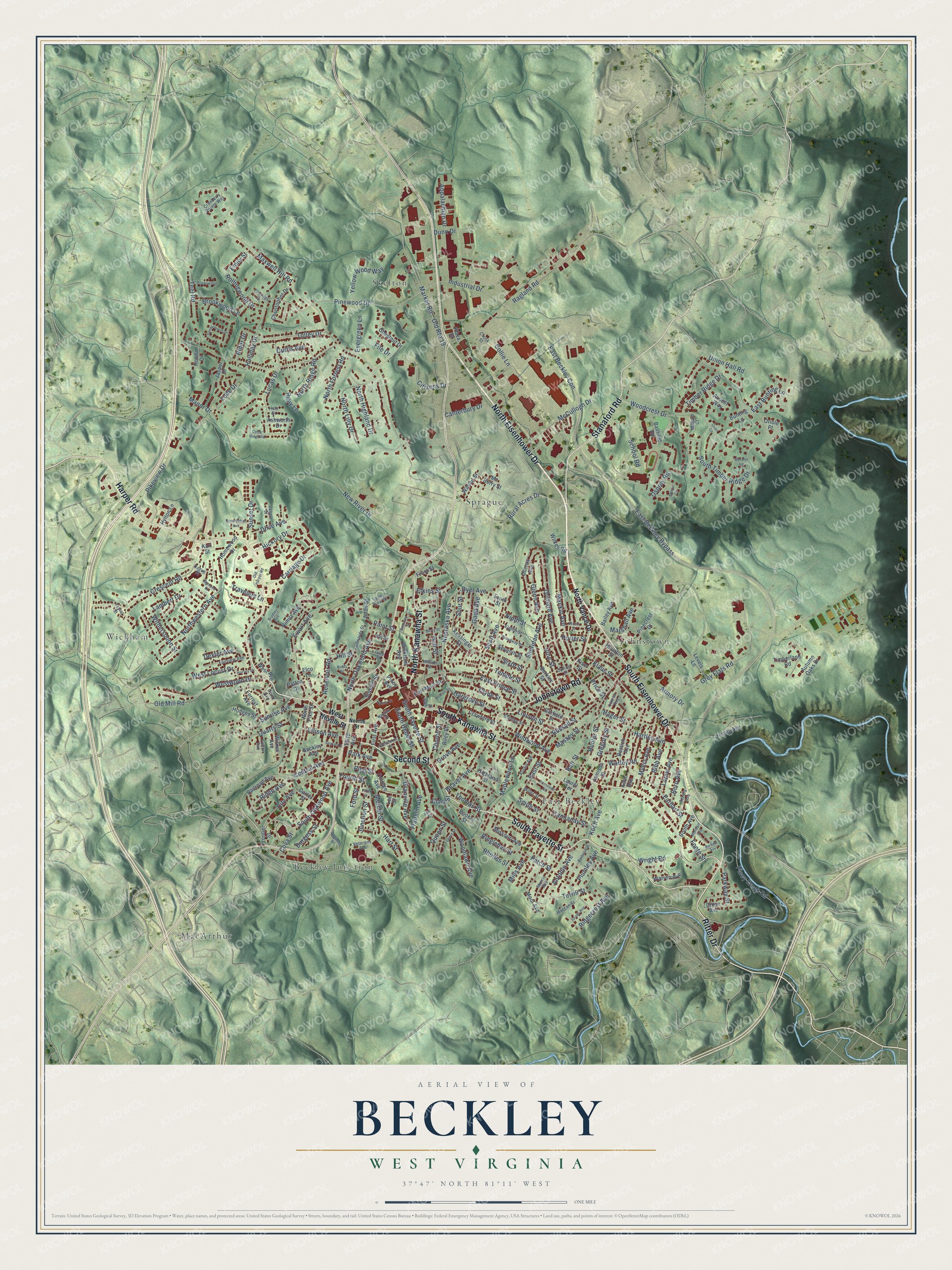 Full map of Beckley, West Virginia, with red buildings, printed street names and the land around them
