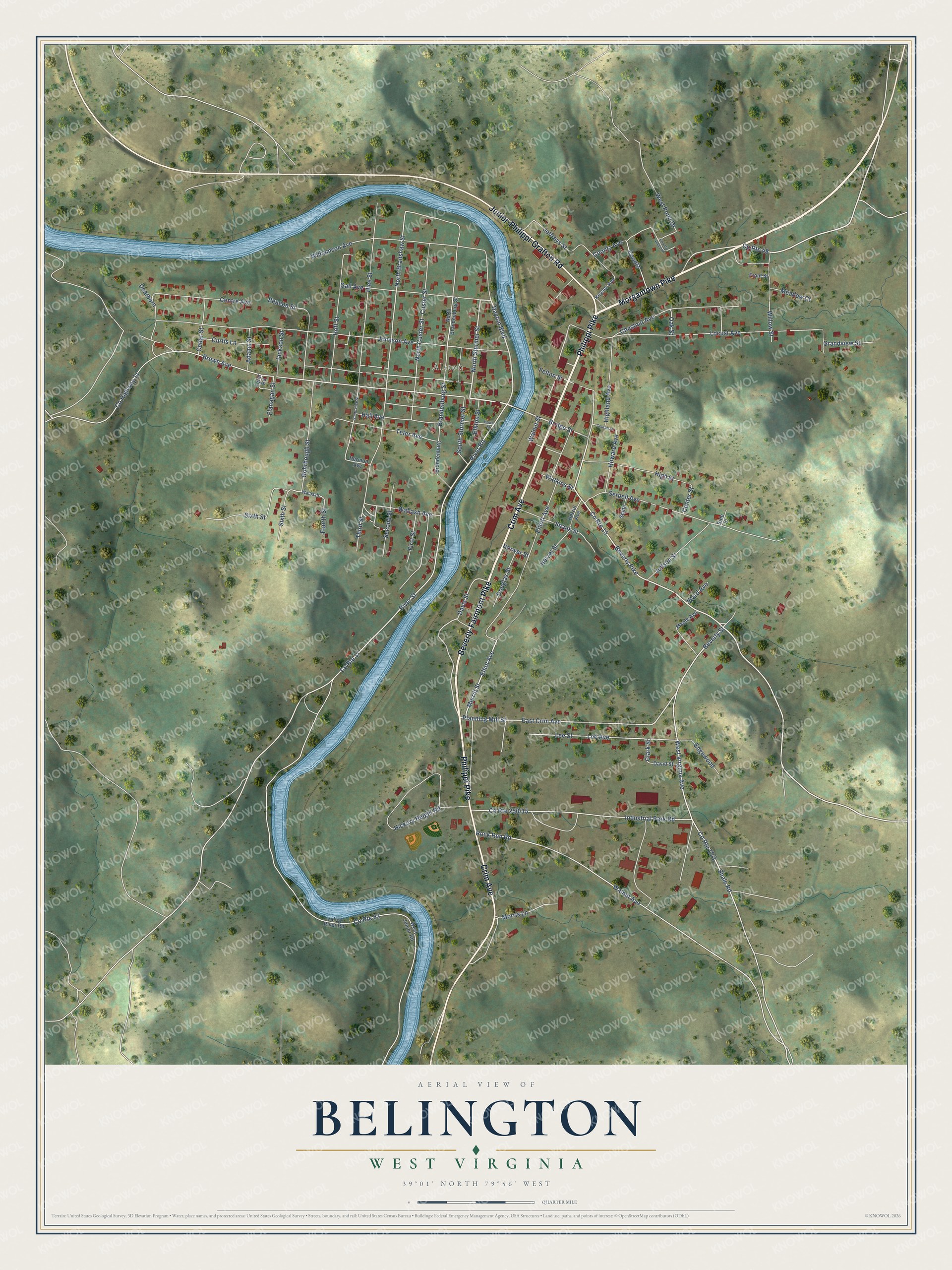 Full map of Belington, West Virginia, with red buildings, printed street names and the land around them