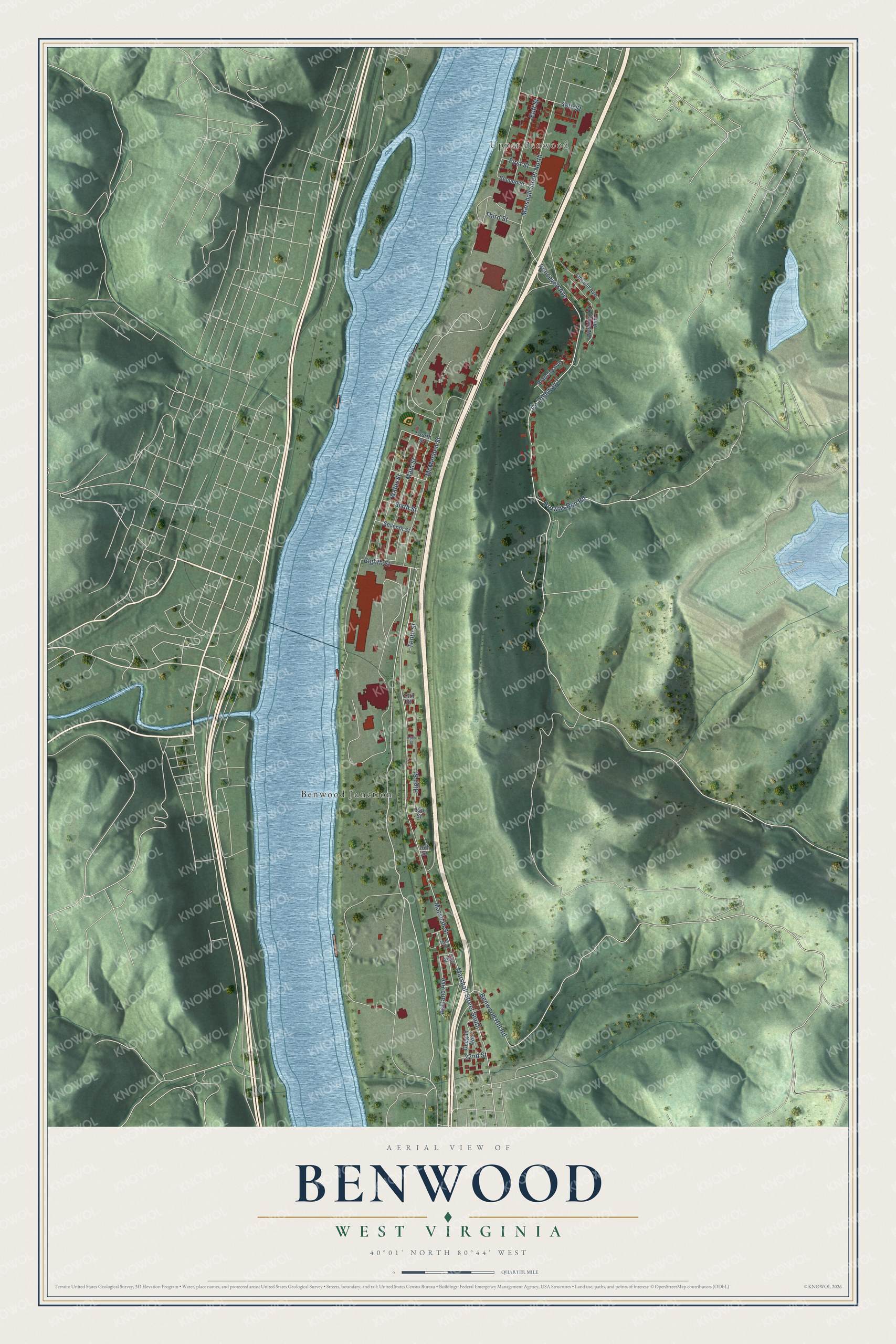 Full map of Benwood, West Virginia, with red buildings, printed street names and the land around them