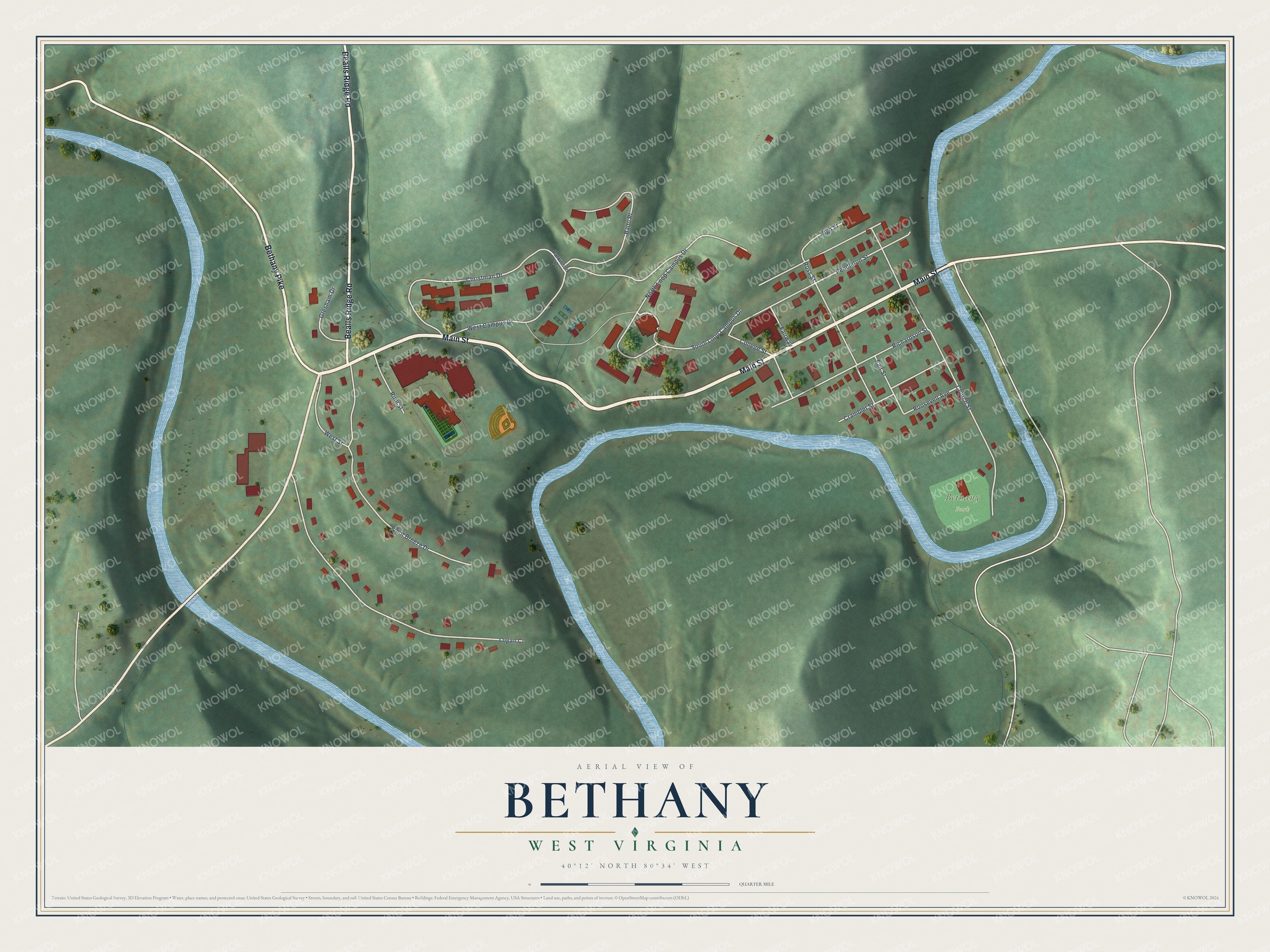 Full map of Bethany, West Virginia, with red buildings, printed street names and the land around them