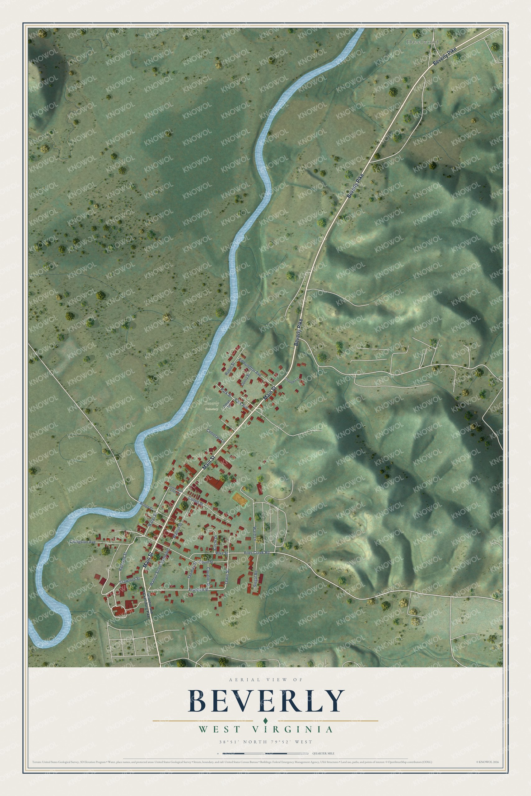 Full map of Beverly, West Virginia, with red buildings, printed street names and the land around them