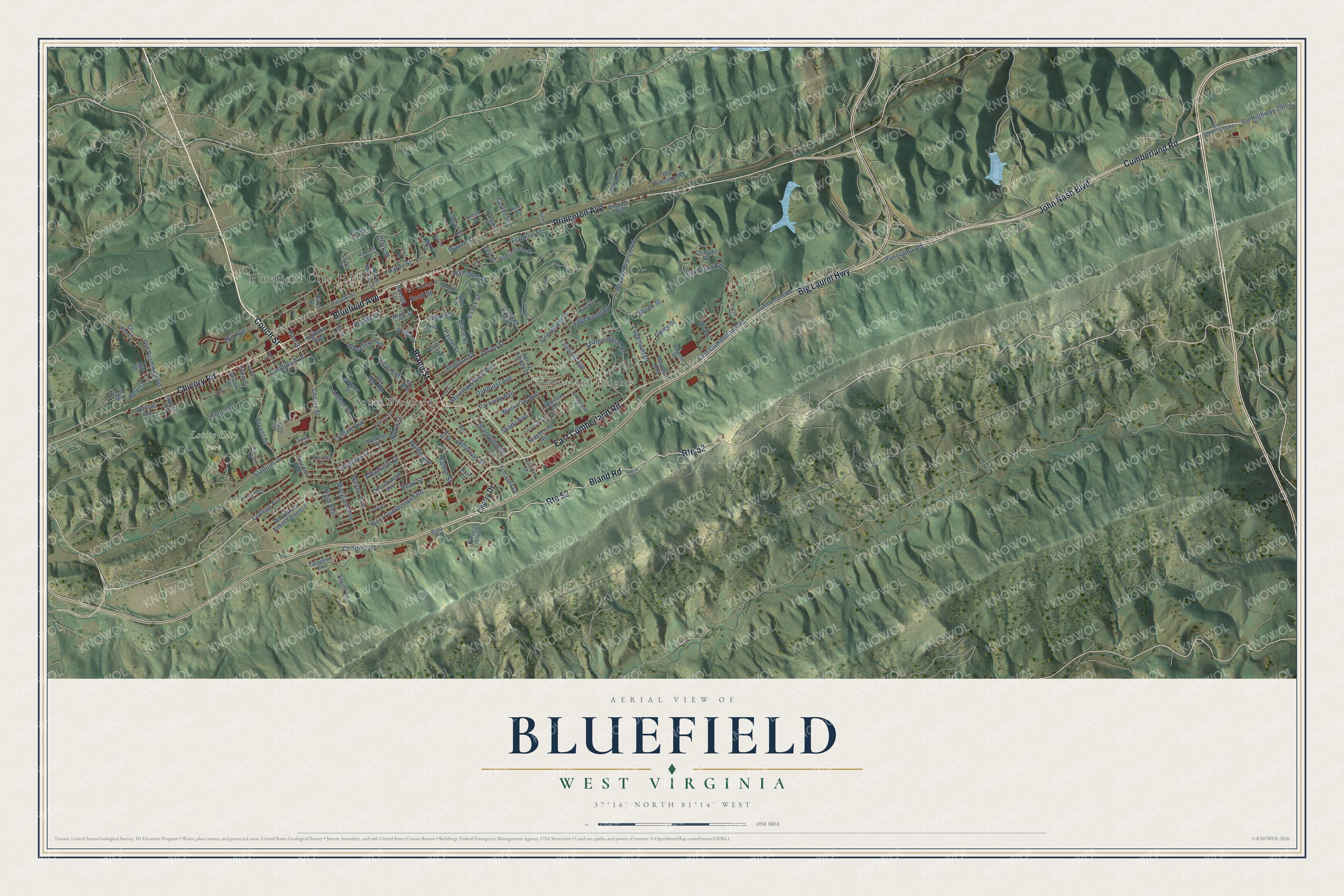 Full map of Bluefield, West Virginia, with red buildings, printed street names and the land around them