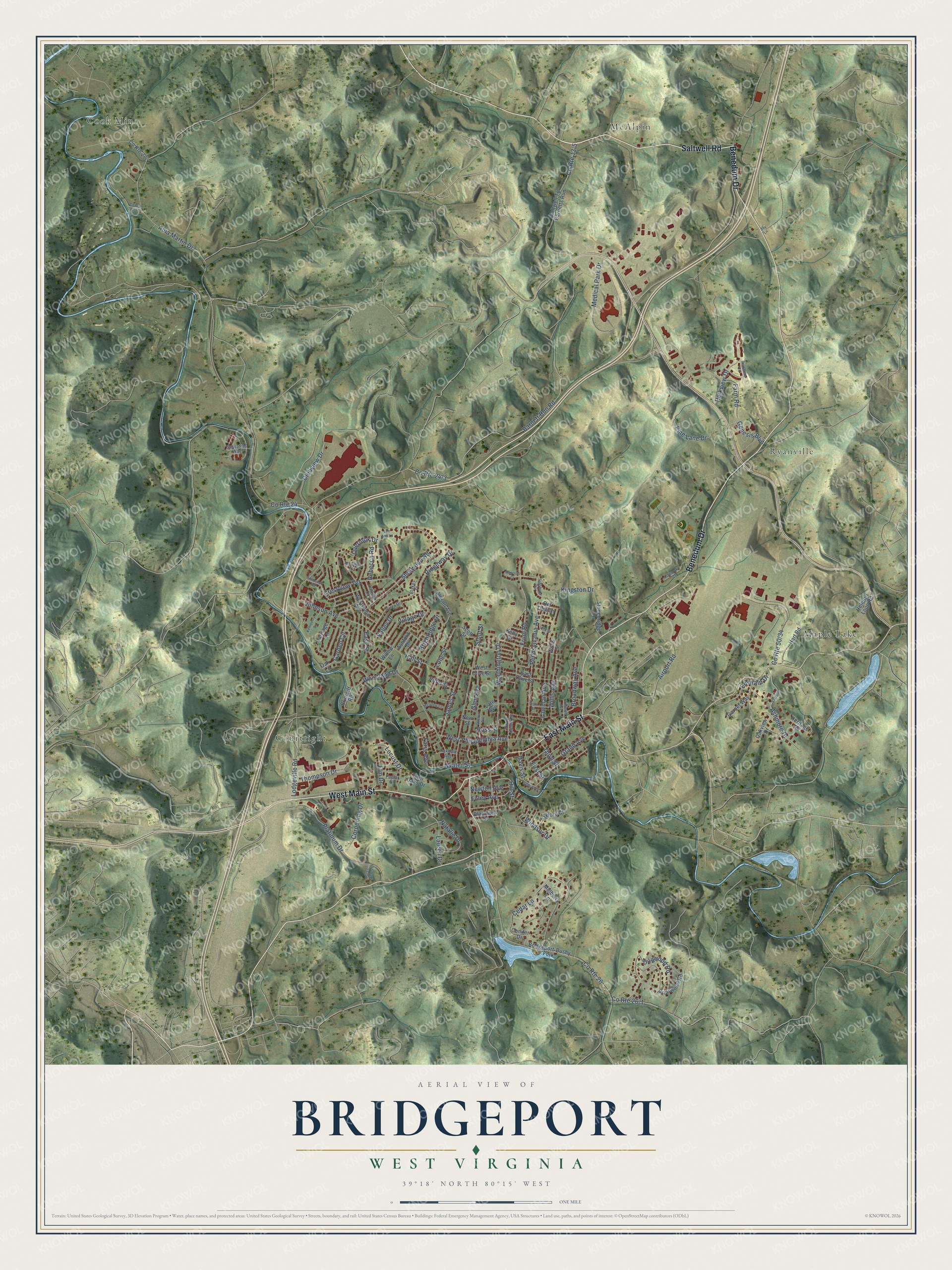 Full map of Bridgeport, West Virginia, with red buildings, printed street names and the land around them