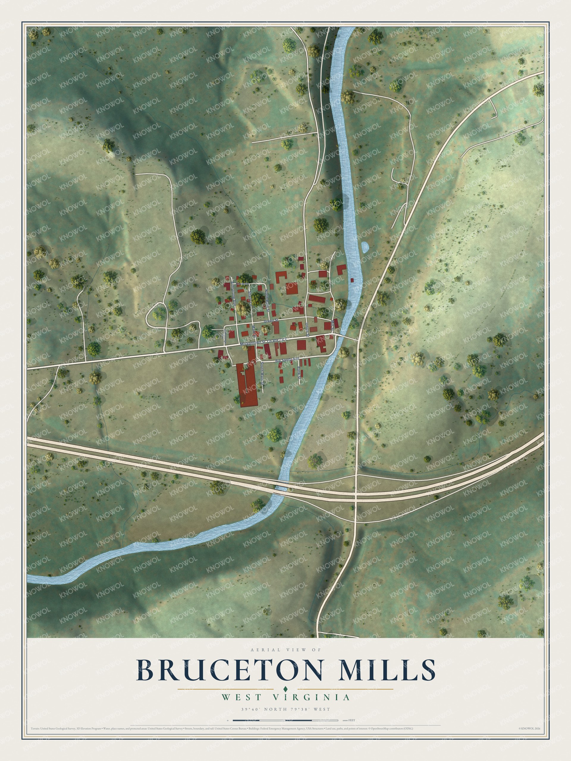 Full map of Bruceton Mills, West Virginia, with red buildings, printed street names and the land around them