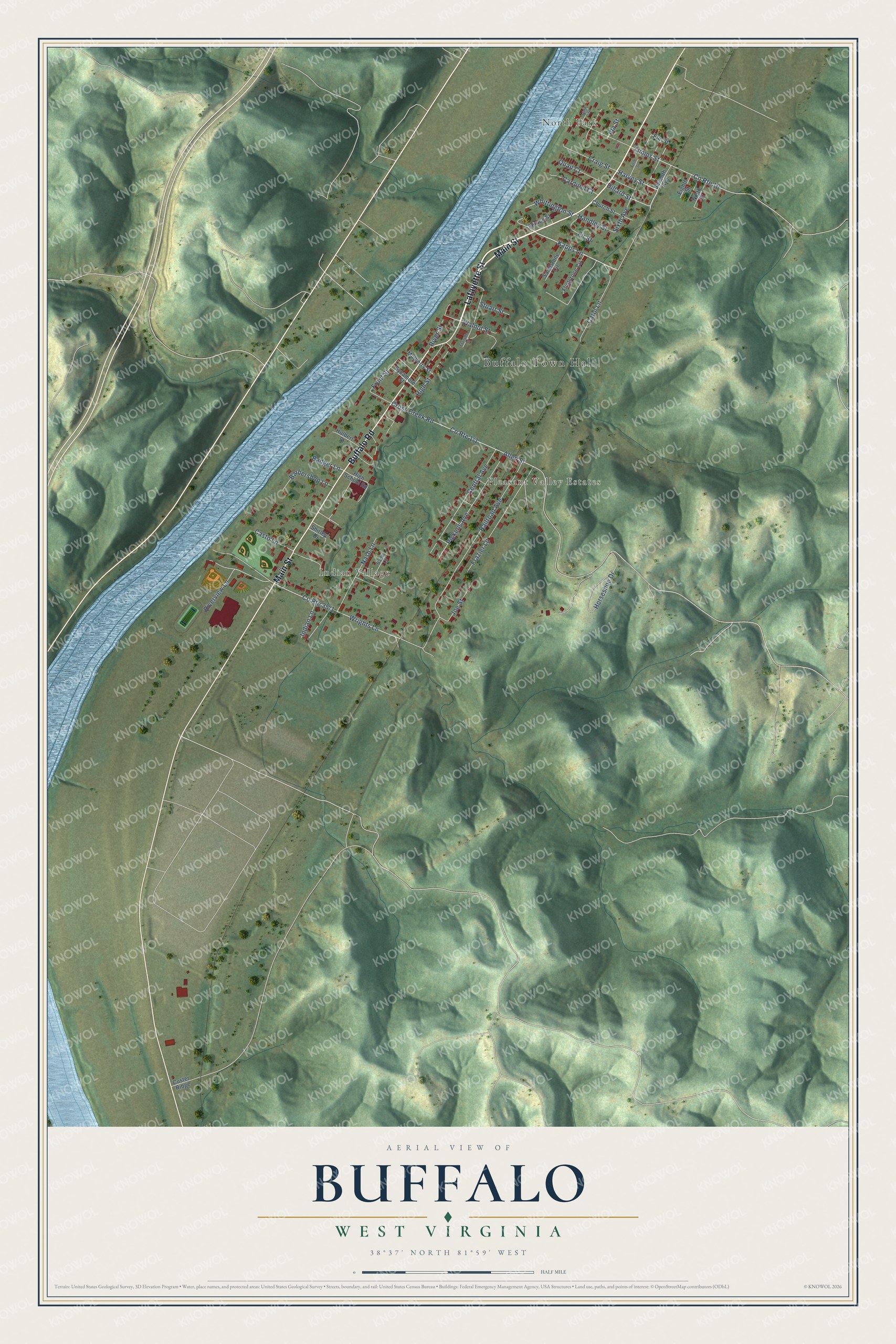 Full map of Buffalo, West Virginia, with red buildings, printed street names and the land around them