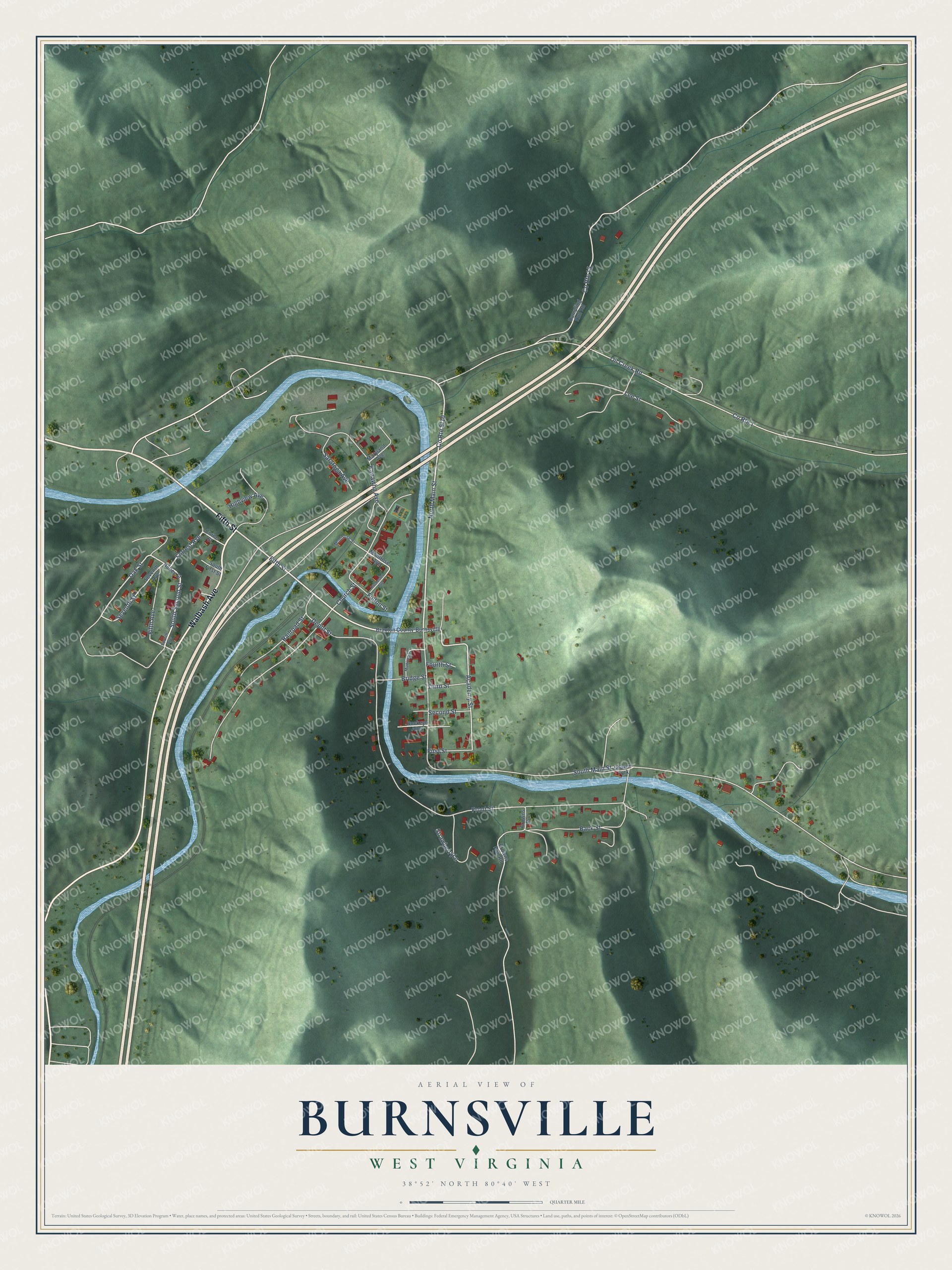Full map of Burnsville, West Virginia, with red buildings, printed street names and the land around them
