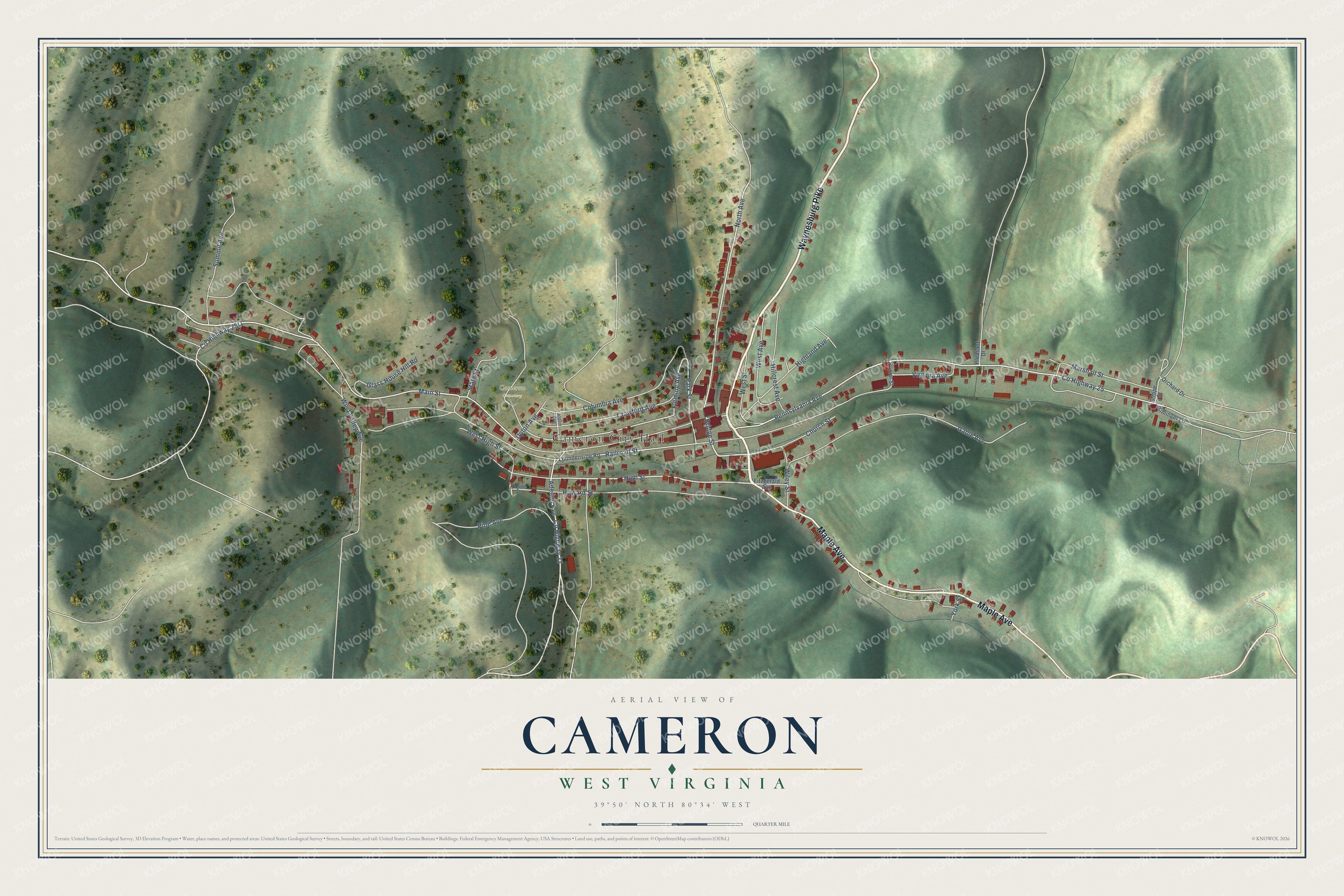 Full map of Cameron, West Virginia, with red buildings, printed street names and the land around them