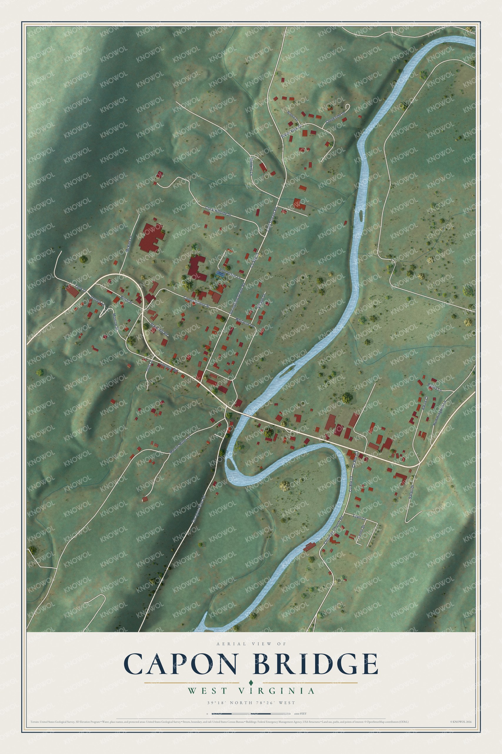 Full map of Capon Bridge, West Virginia, with red buildings, printed street names and the land around them
