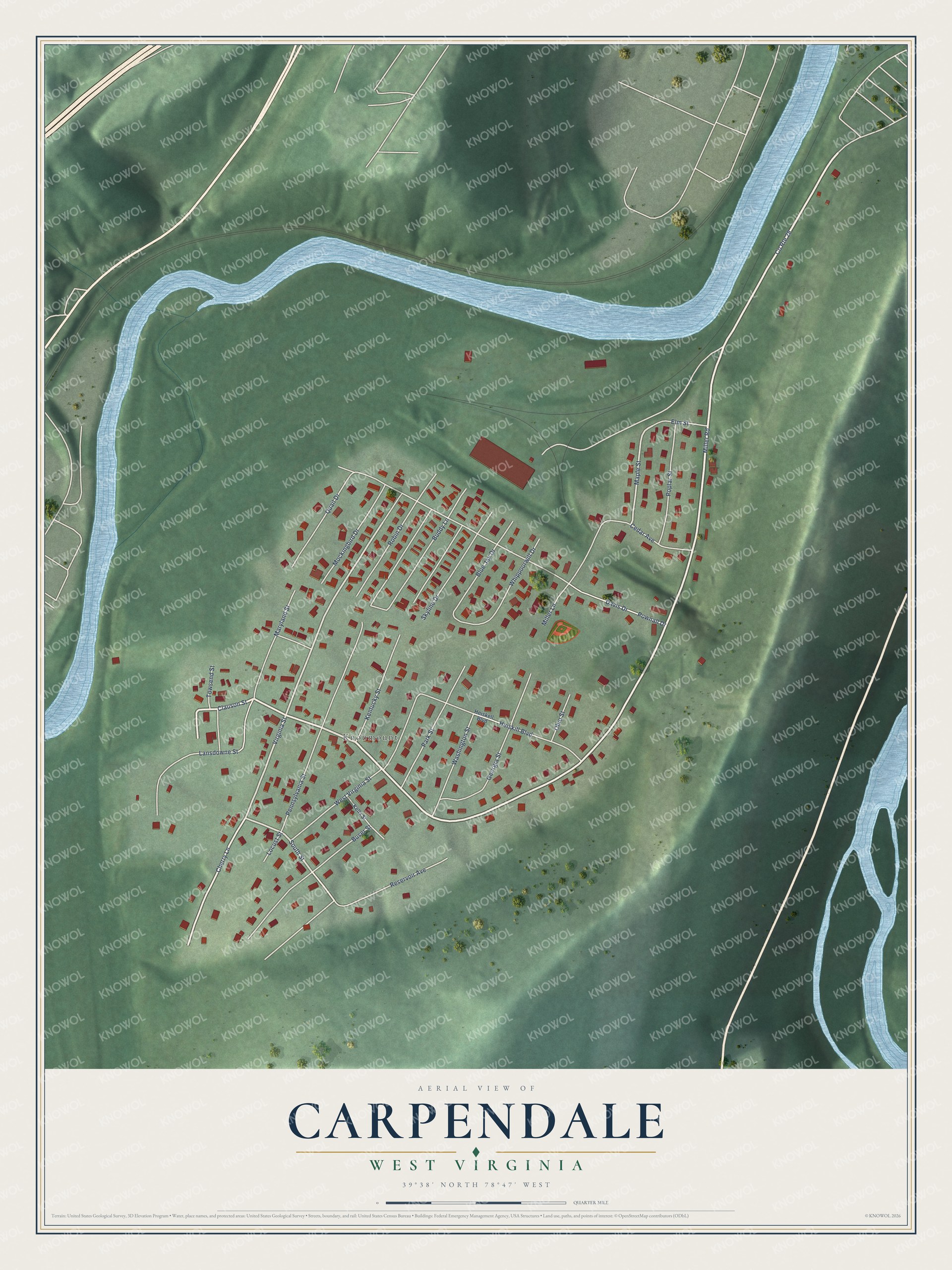 Full map of Carpendale, West Virginia, with red buildings, printed street names and the land around them