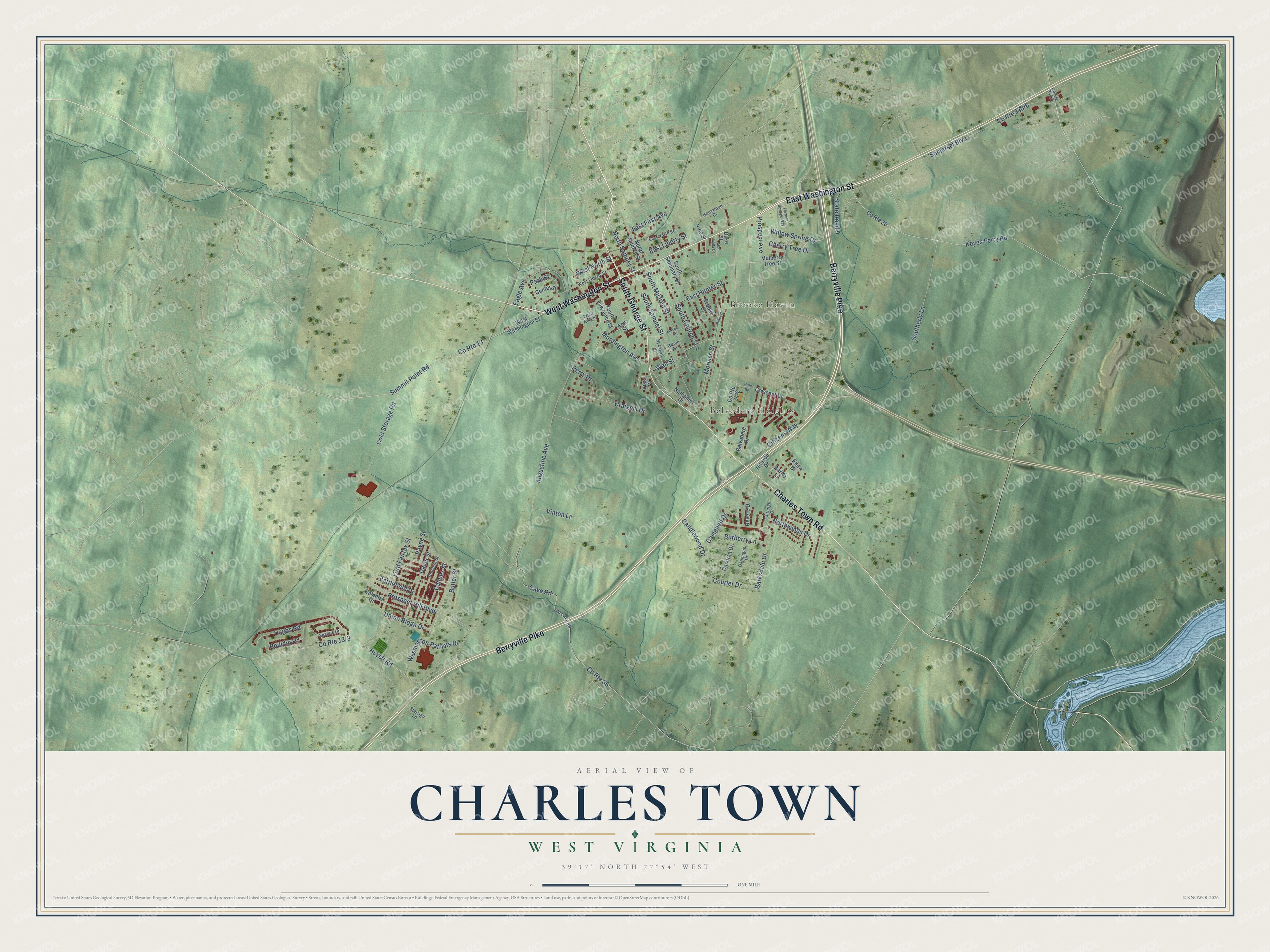 Full Charles Town, West Virginia map with named streets, red buildings, green terrain, blue waterways, and a cream title panel
