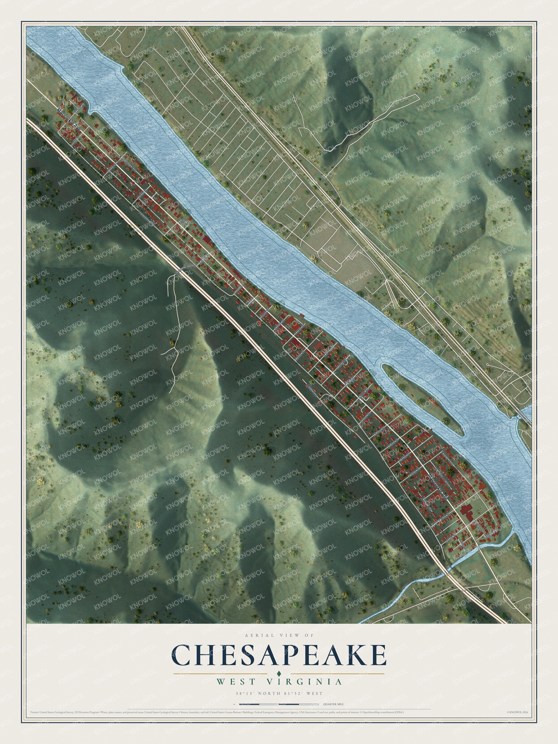 Full map of Chesapeake, West Virginia, with red buildings, printed street names and the land around them