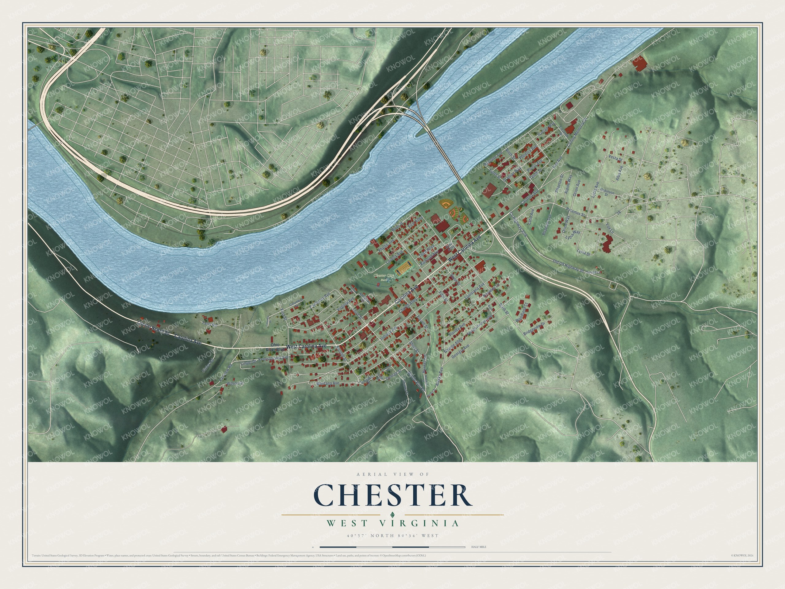 Full map of Chester, West Virginia, with red buildings, printed street names and the land around them