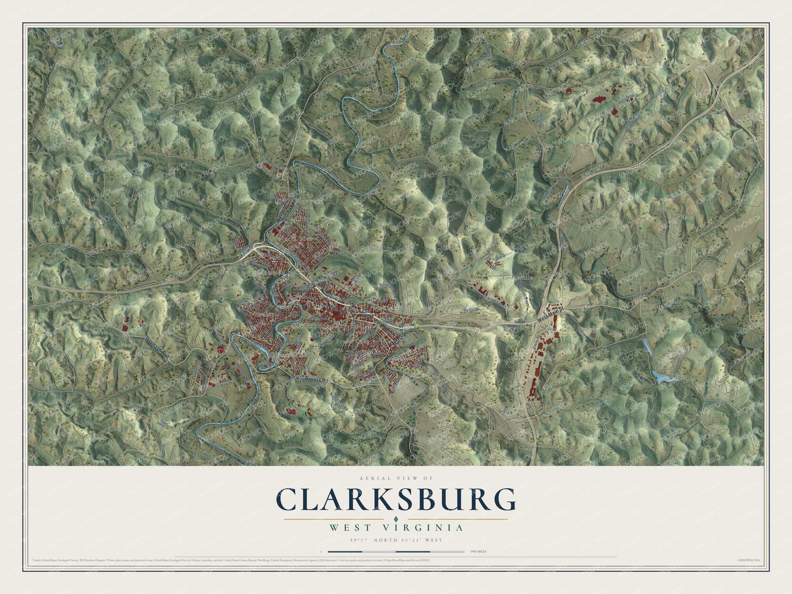 Full map of Clarksburg, West Virginia, with red buildings, printed street names and the land around them