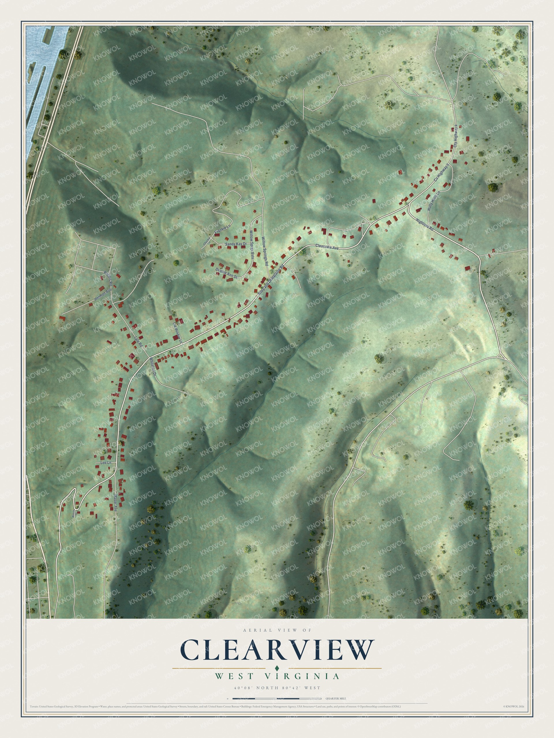 Full map of Clearview, West Virginia, with red buildings, printed street names and the land around them
