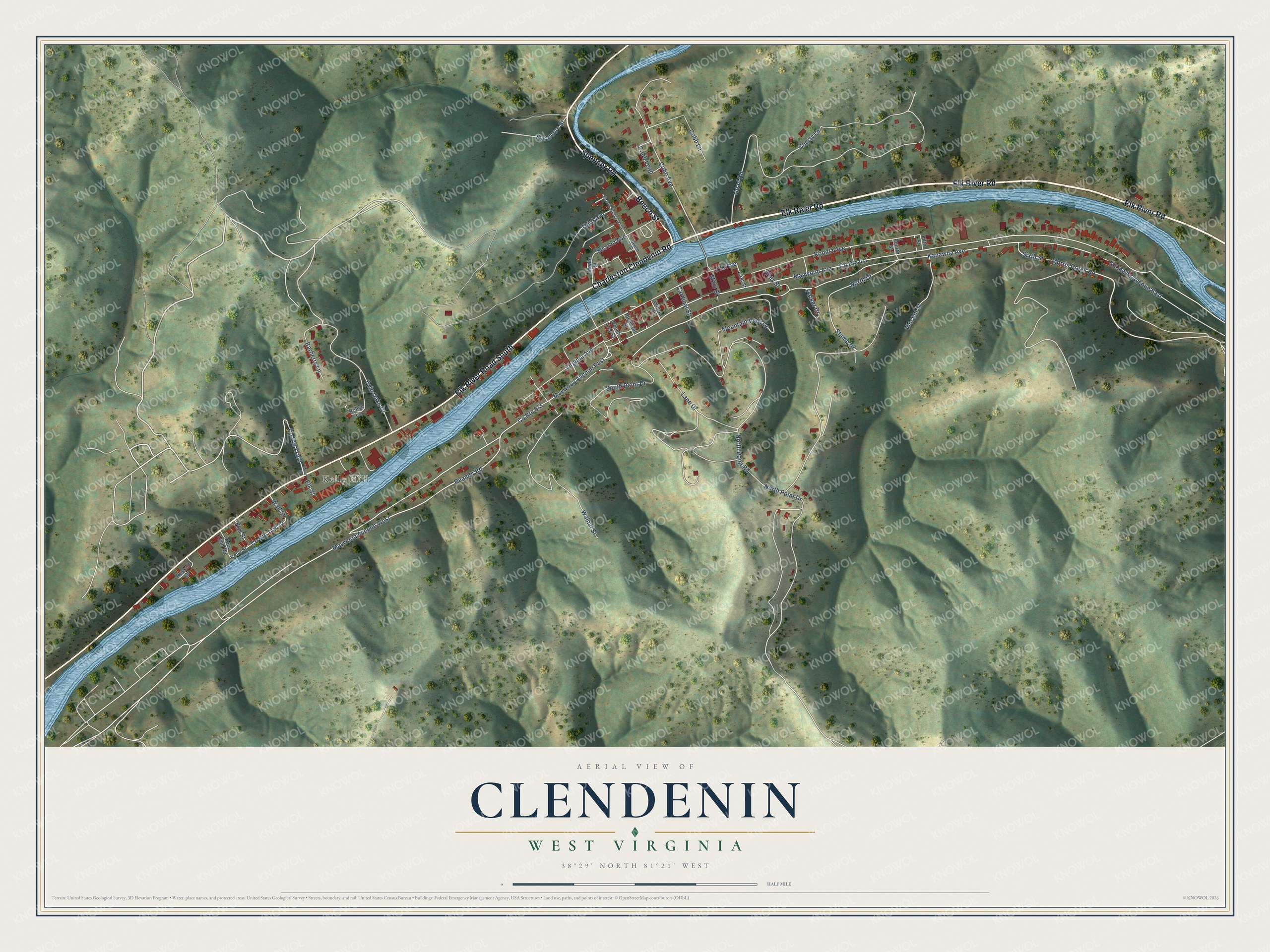 Full map of Clendenin, West Virginia, with red buildings, printed street names and the land around them