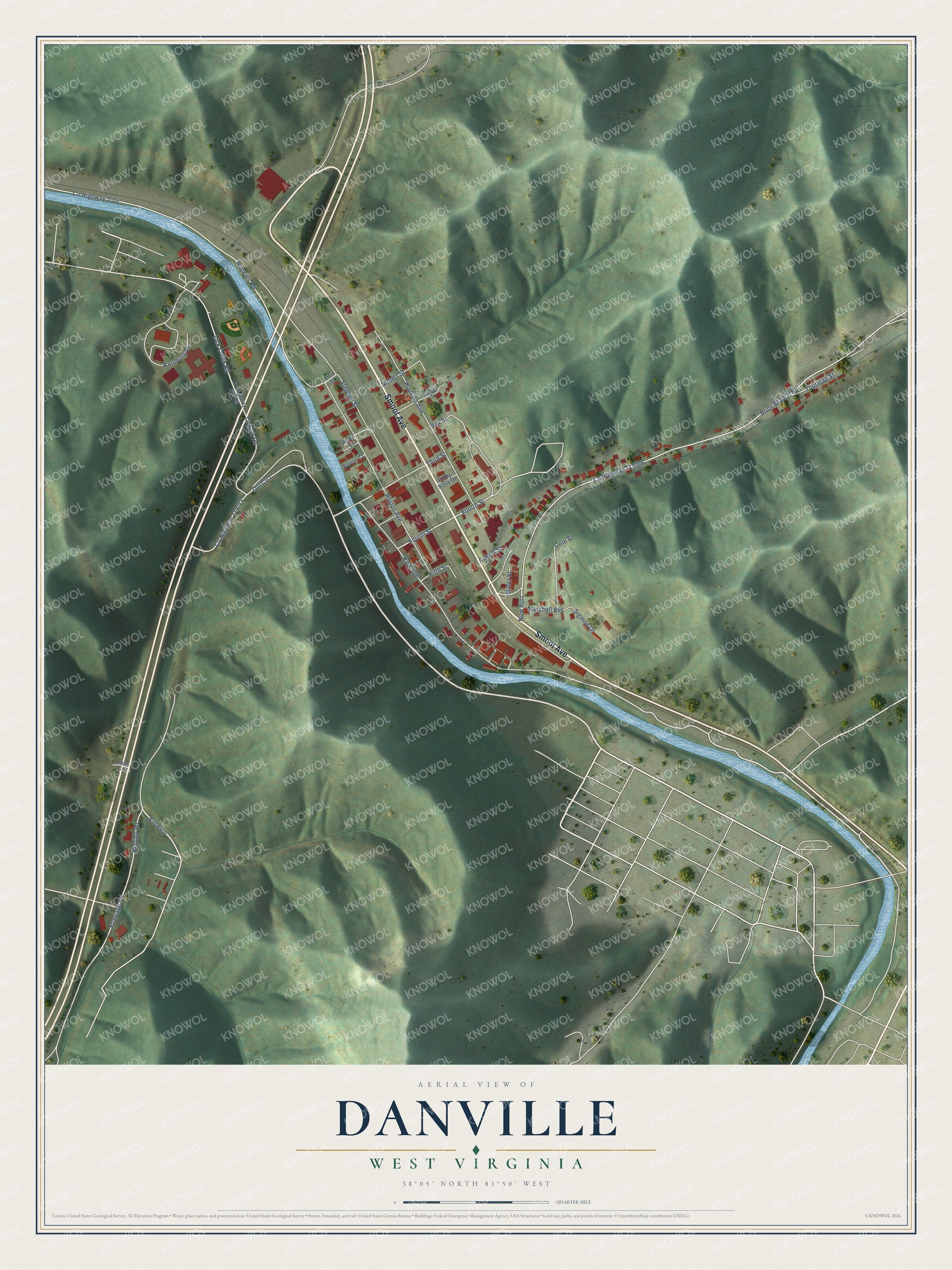 Full map of Danville, West Virginia, with red buildings, printed street names and the land around them