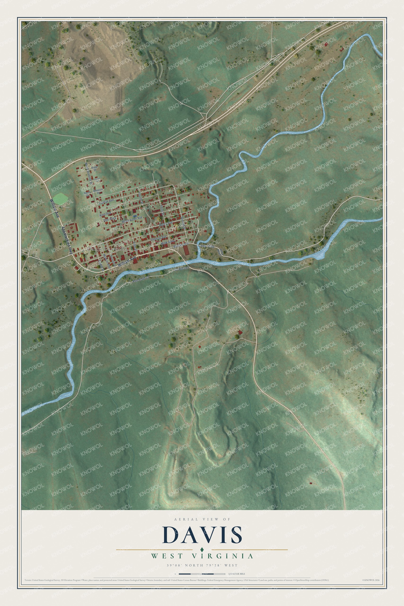 Full map of Davis, West Virginia, with red buildings, printed street names and the land around them