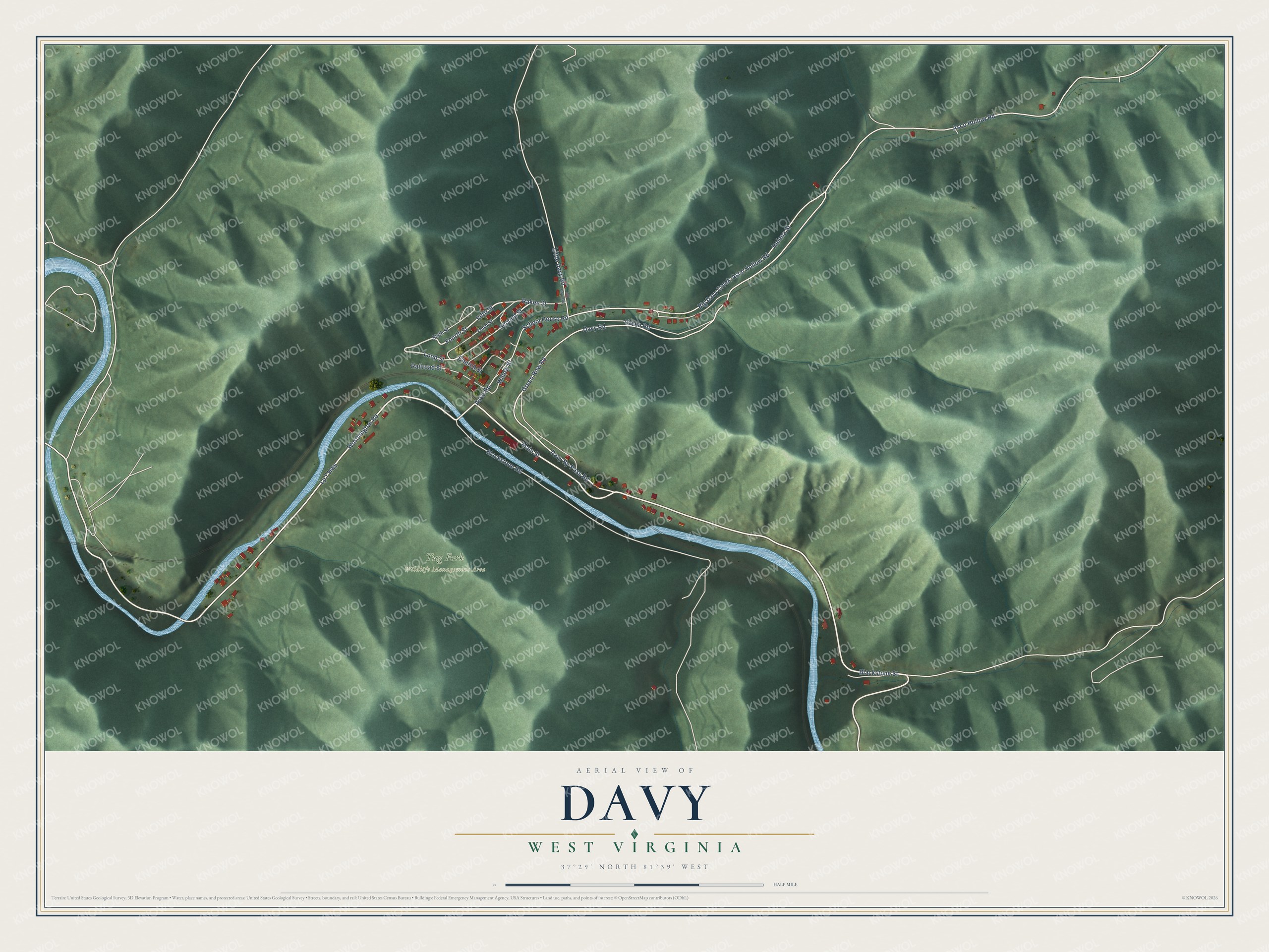Full map of Davy, West Virginia, with red buildings, printed street names and the land around them
