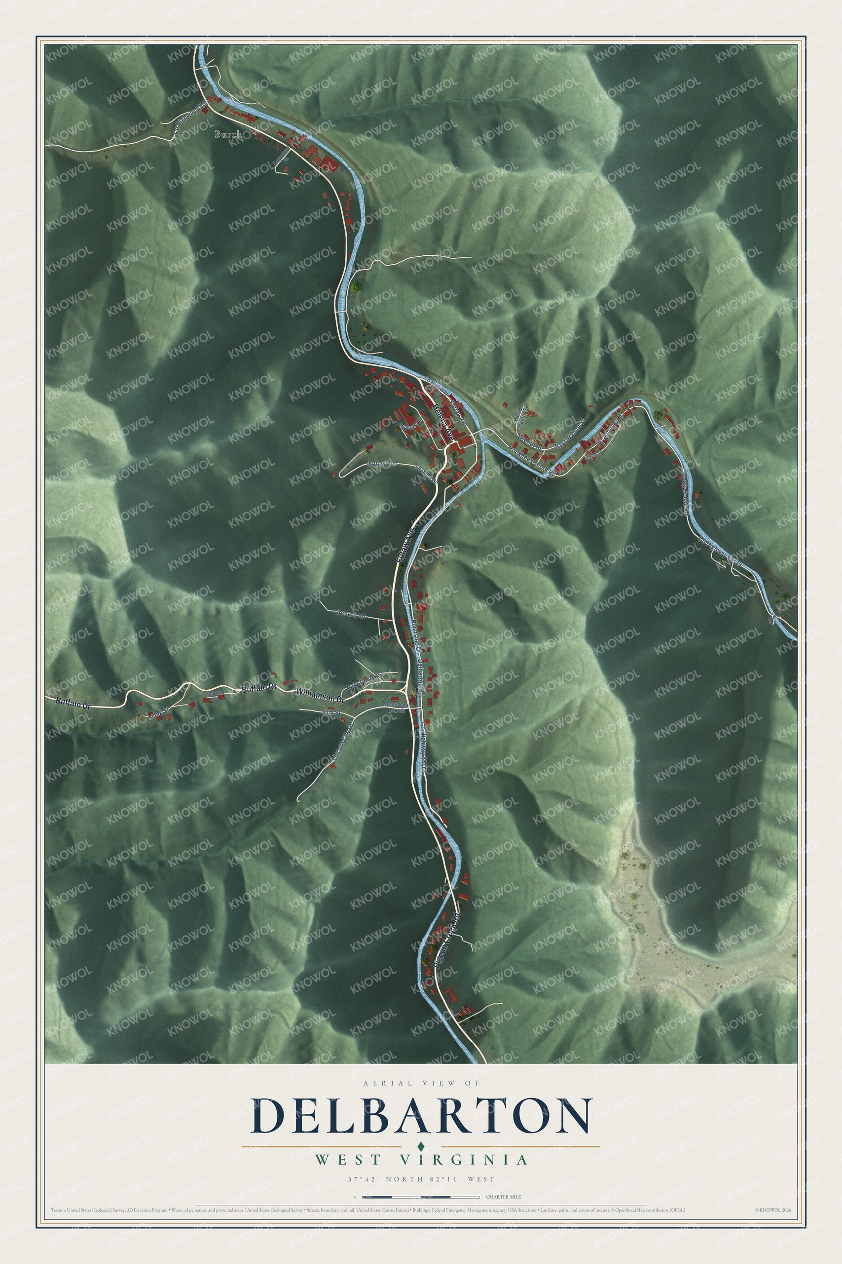Full map of Delbarton, West Virginia, with red buildings, printed street names and the land around them