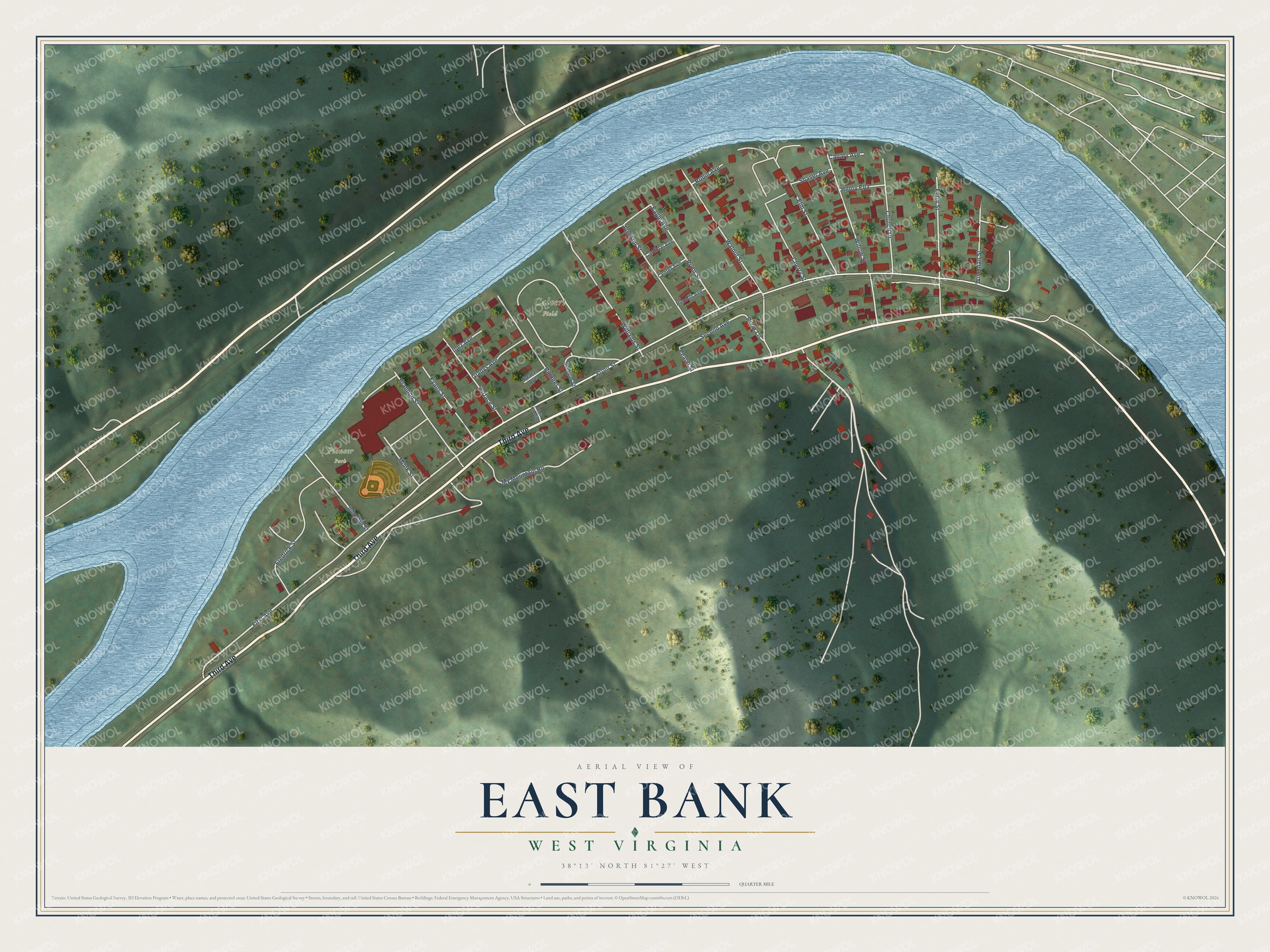 Full map of East Bank, West Virginia, with red buildings, printed street names and the land around them
