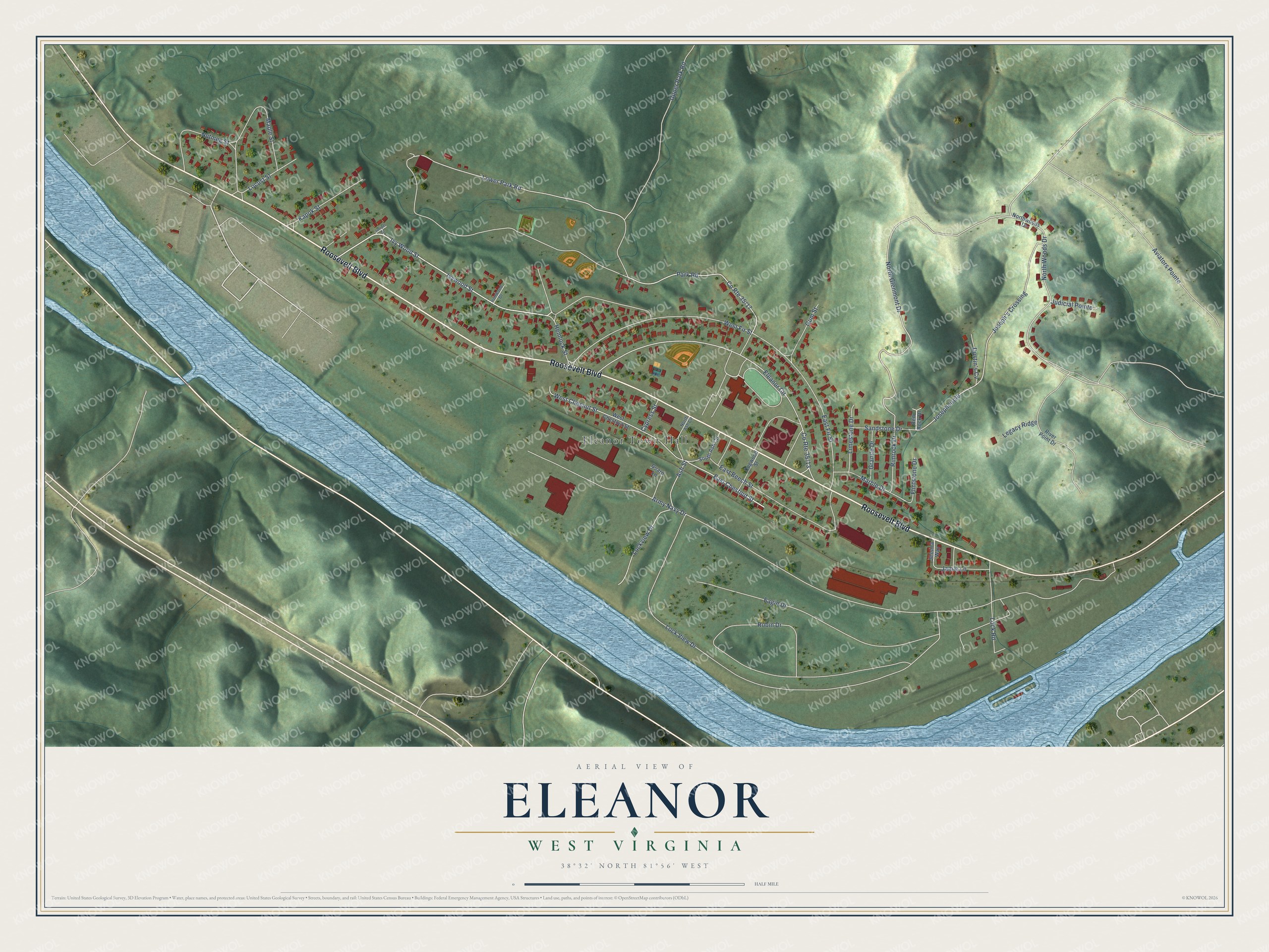 Full map of Eleanor, West Virginia, with red buildings, printed street names and the land around them