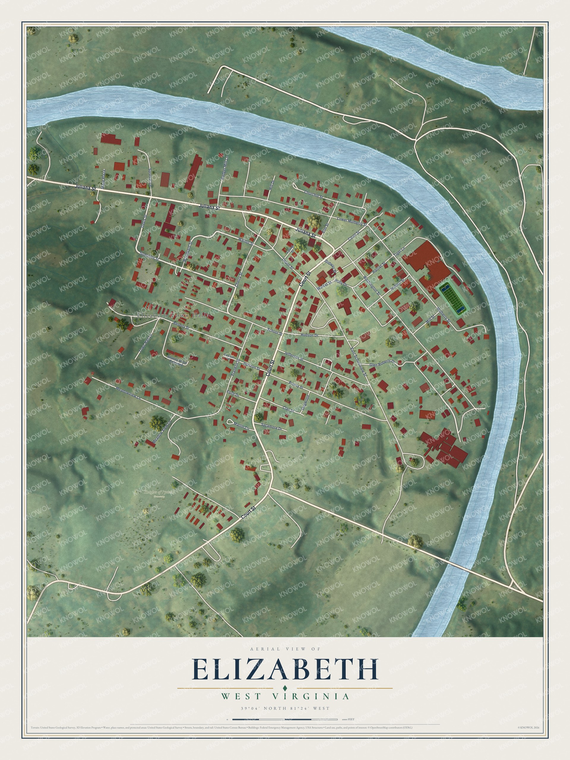 Full map of Elizabeth, West Virginia, with red buildings, printed street names and the land around them