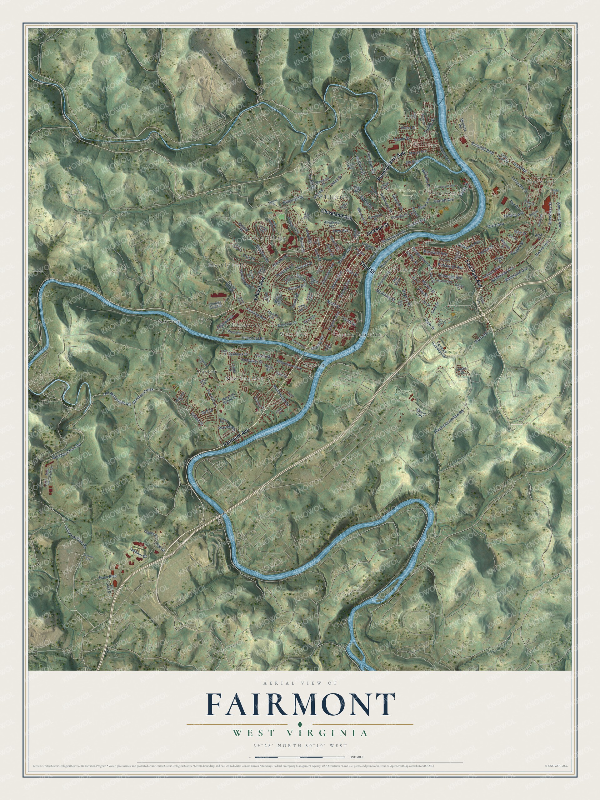 Full map of Fairmont, West Virginia, with red buildings, printed street names and the land around them