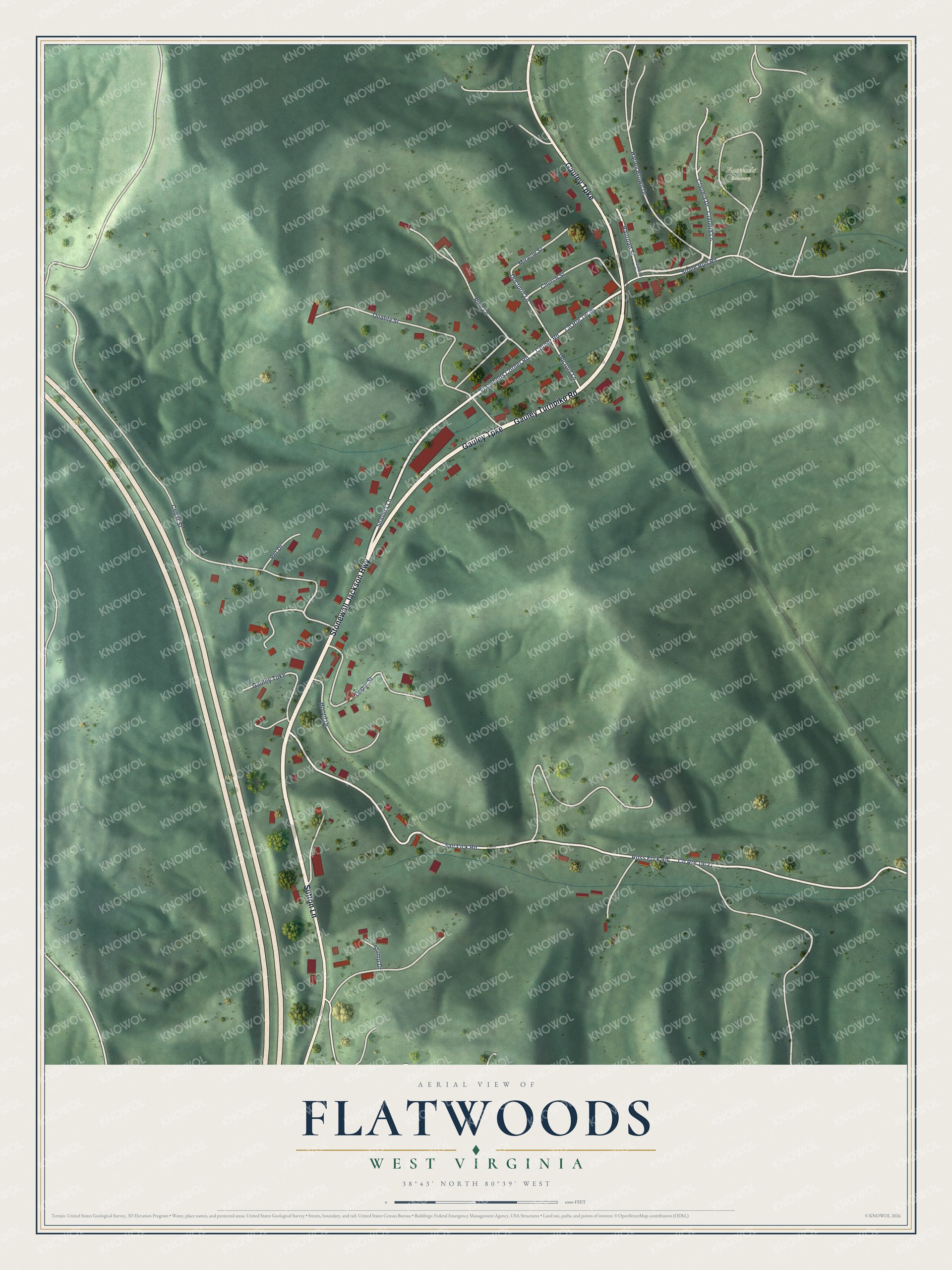 Full map of Flatwoods, West Virginia, with red buildings, printed street names and the land around them