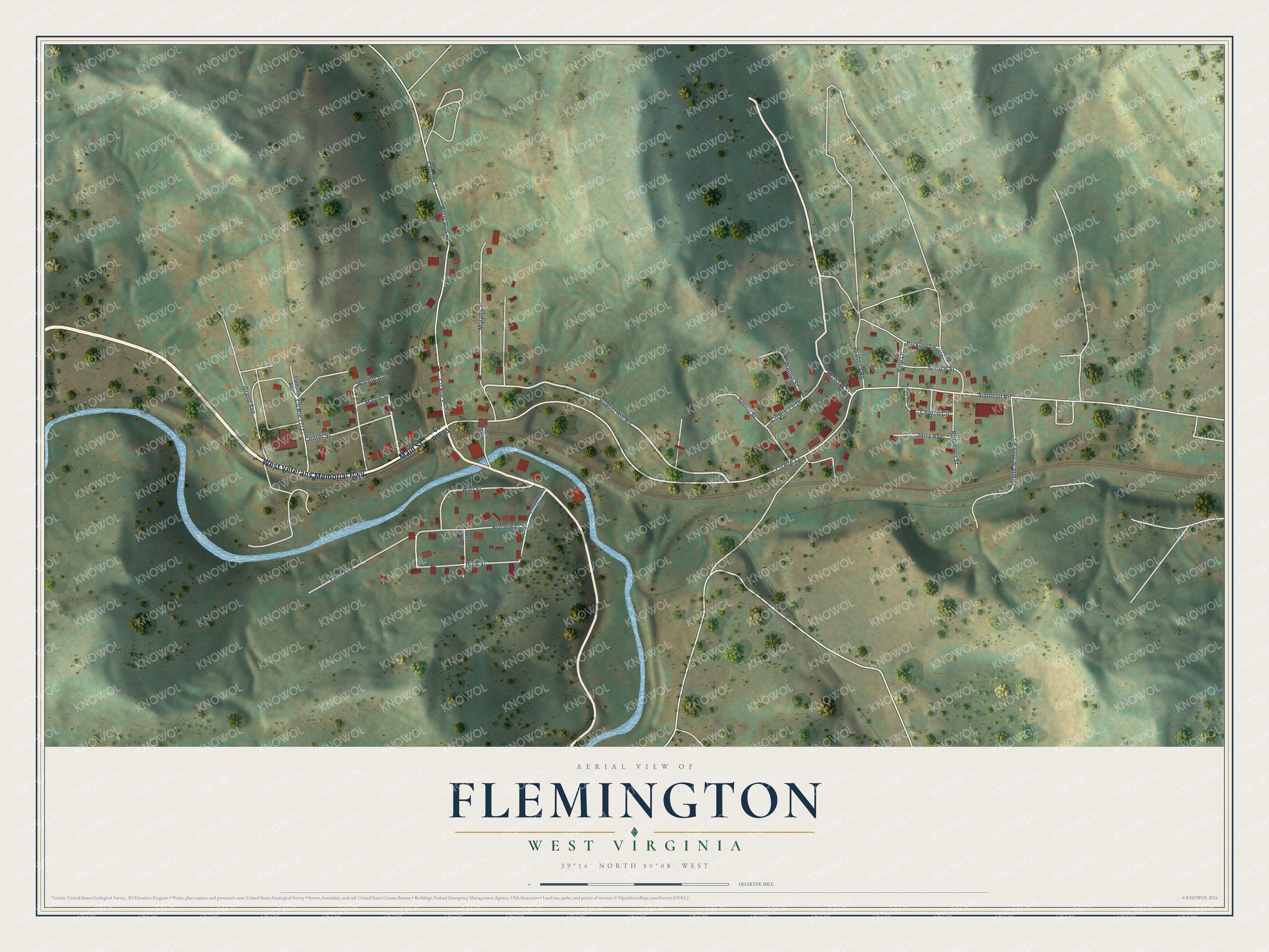 Full map of Flemington, West Virginia, with red buildings, printed street names and the land around them