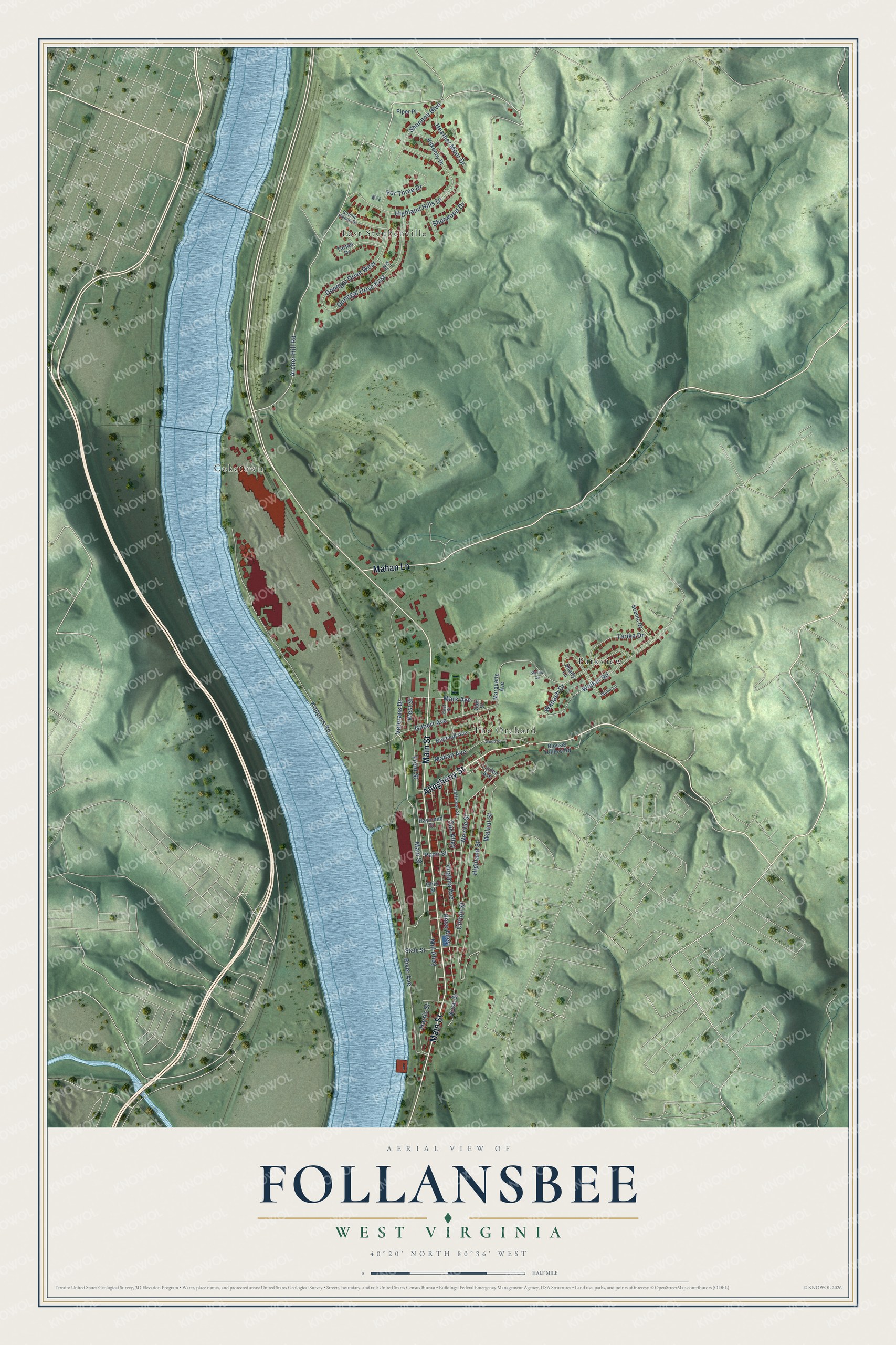 Full map of Follansbee, West Virginia, with red buildings, printed street names and the land around them
