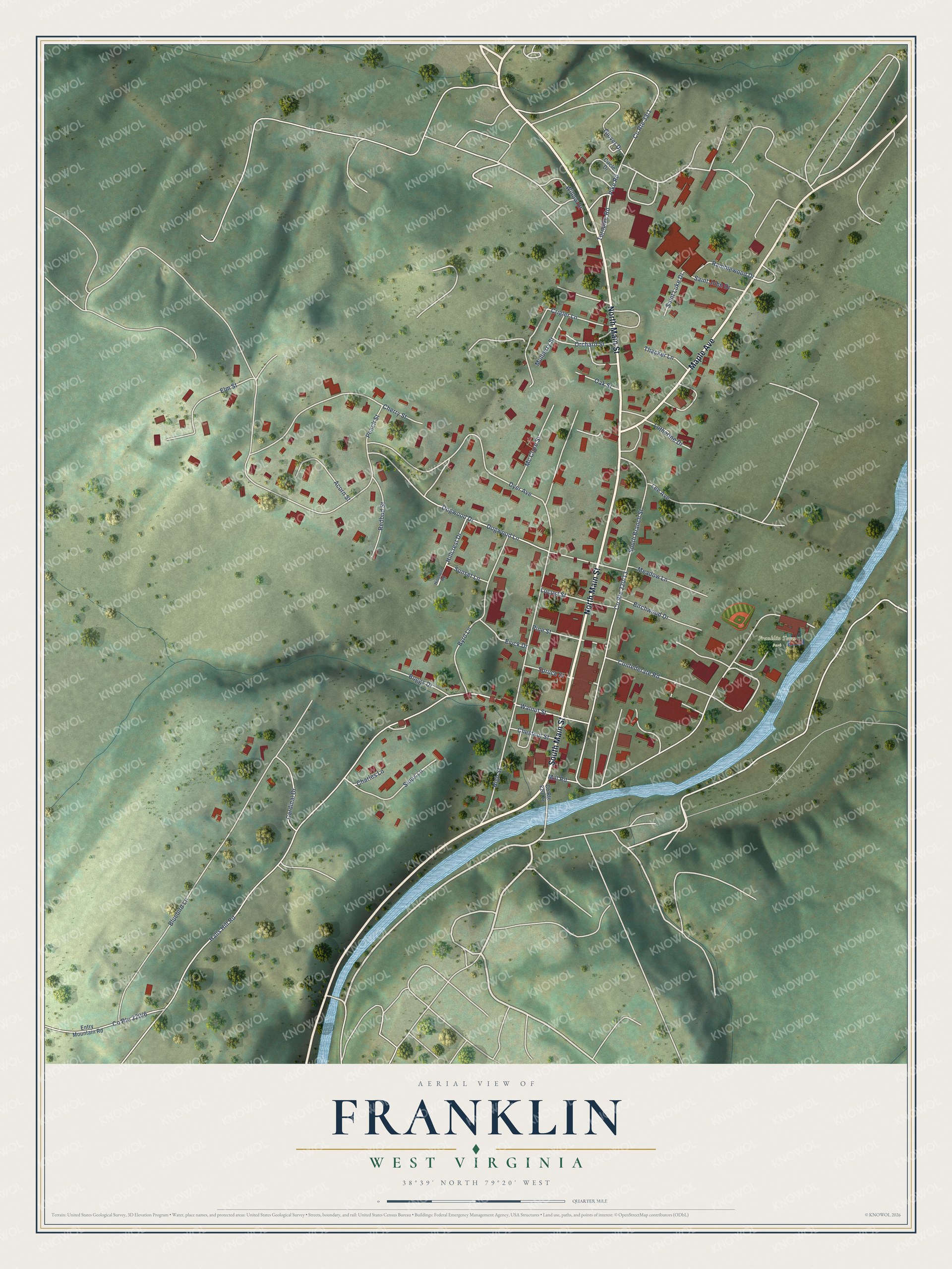 Full map of Franklin, West Virginia, with red buildings, printed street names and the land around them