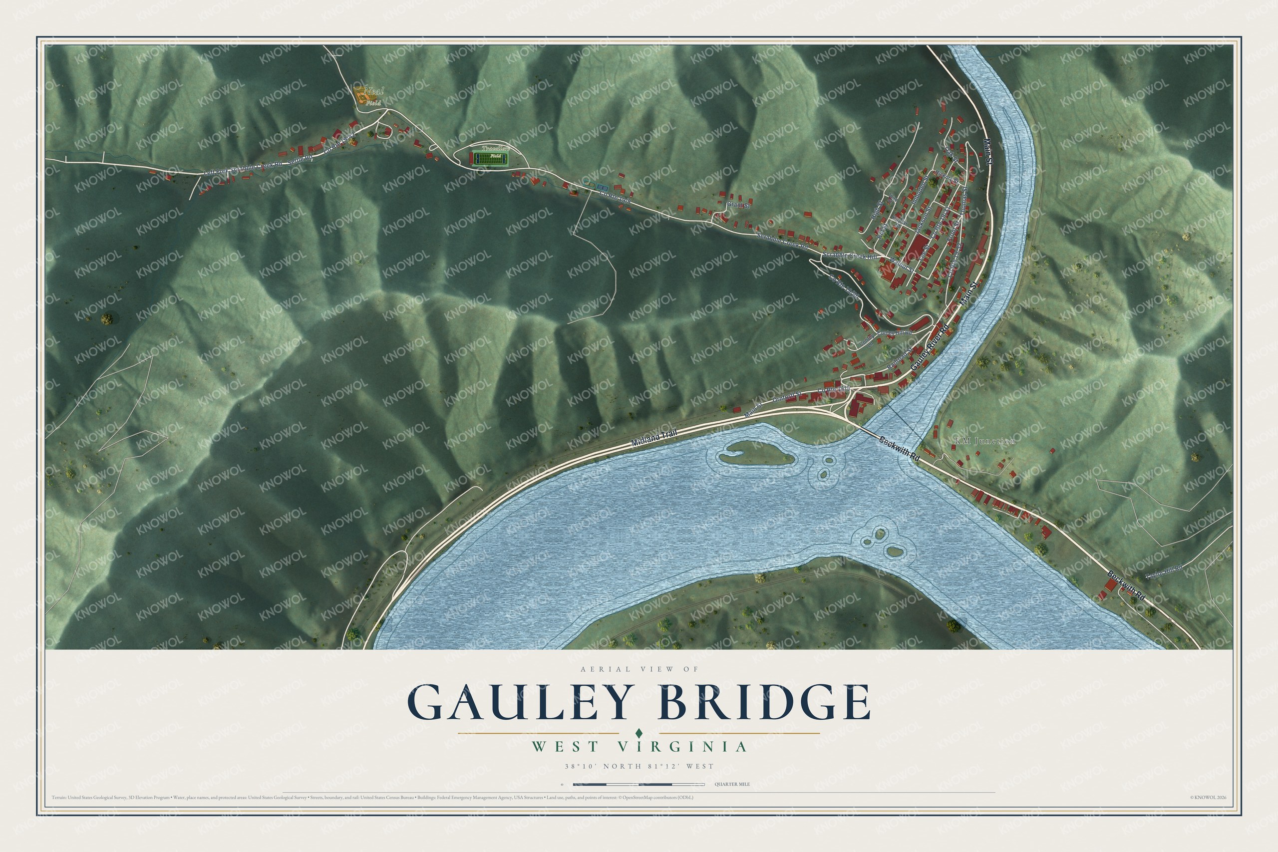 Full map of Gauley Bridge, West Virginia, with red buildings, printed street names and the land around them