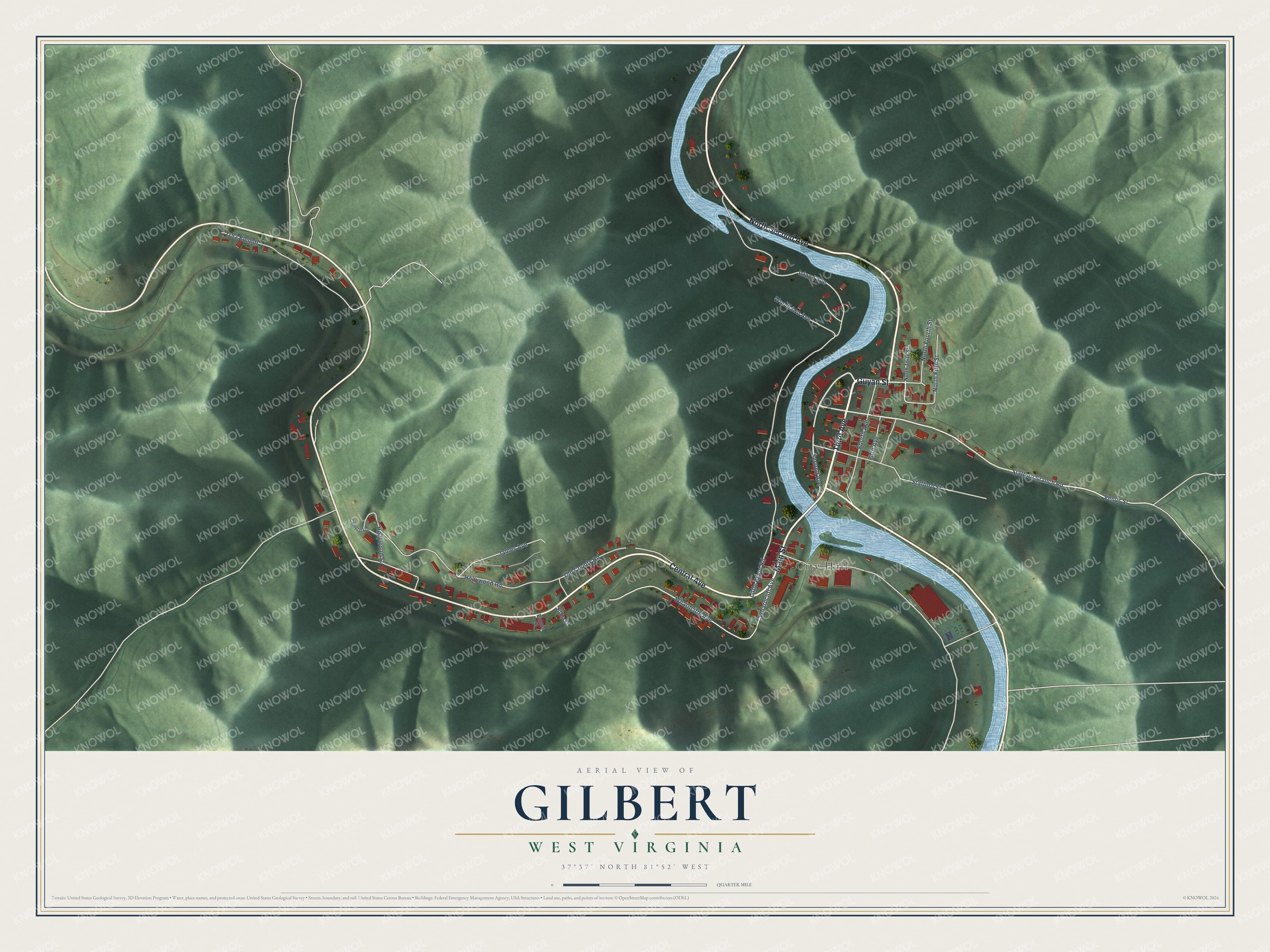 Full map of Gilbert, West Virginia, with red buildings, printed street names and the land around them