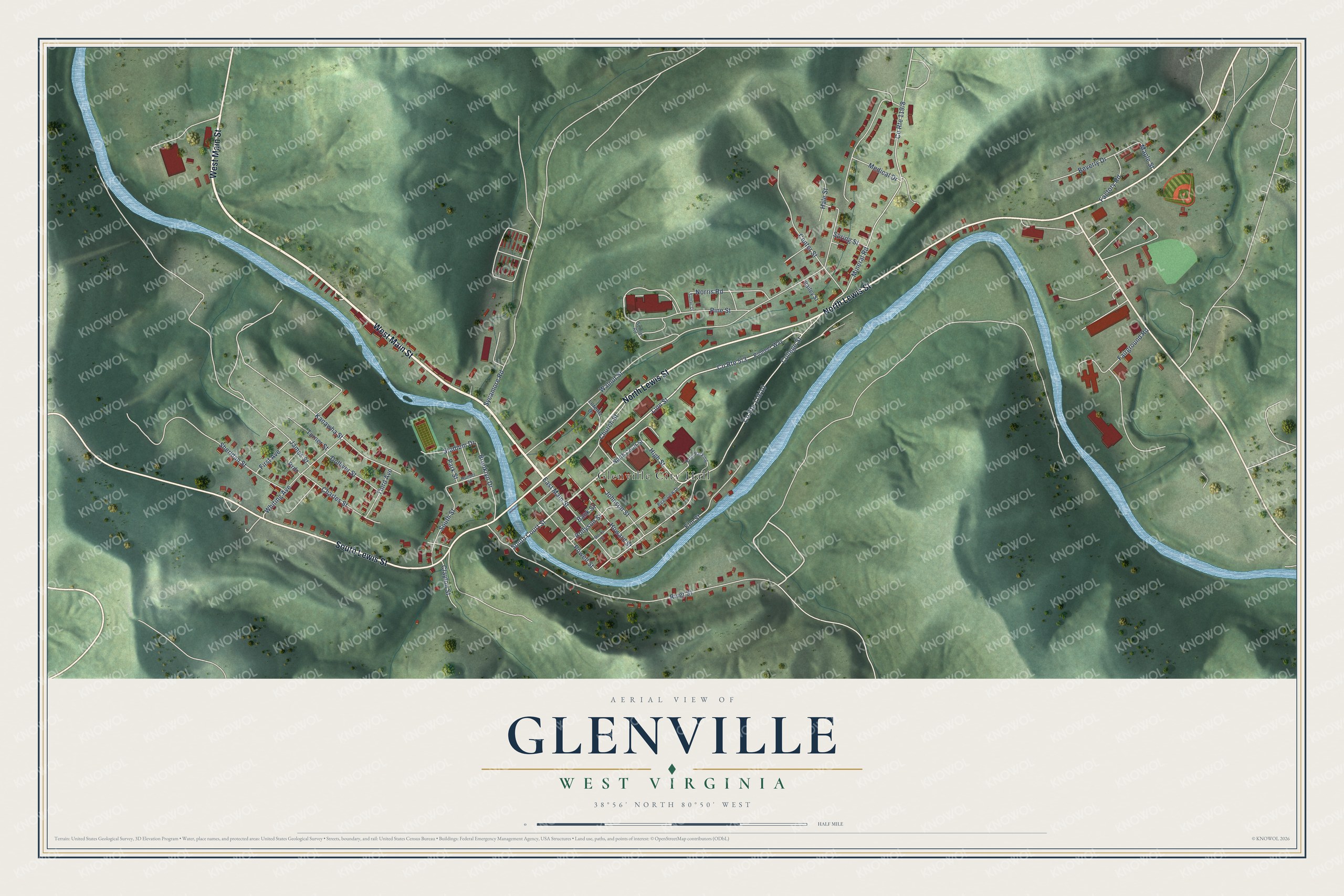 Full map of Glenville, West Virginia, with red buildings, printed street names and the land around them