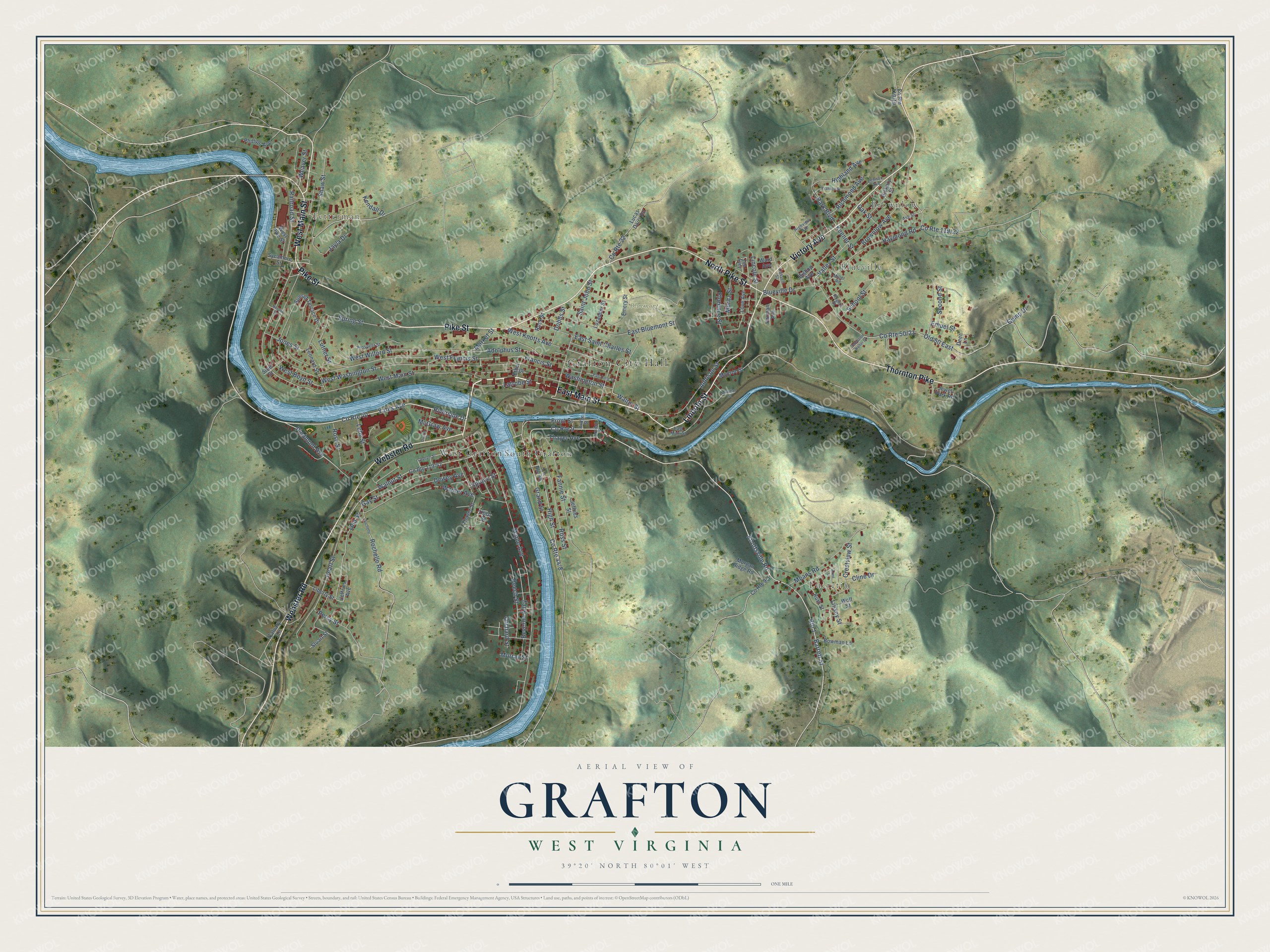 Full map of Grafton, West Virginia, with red buildings, printed street names and the land around them