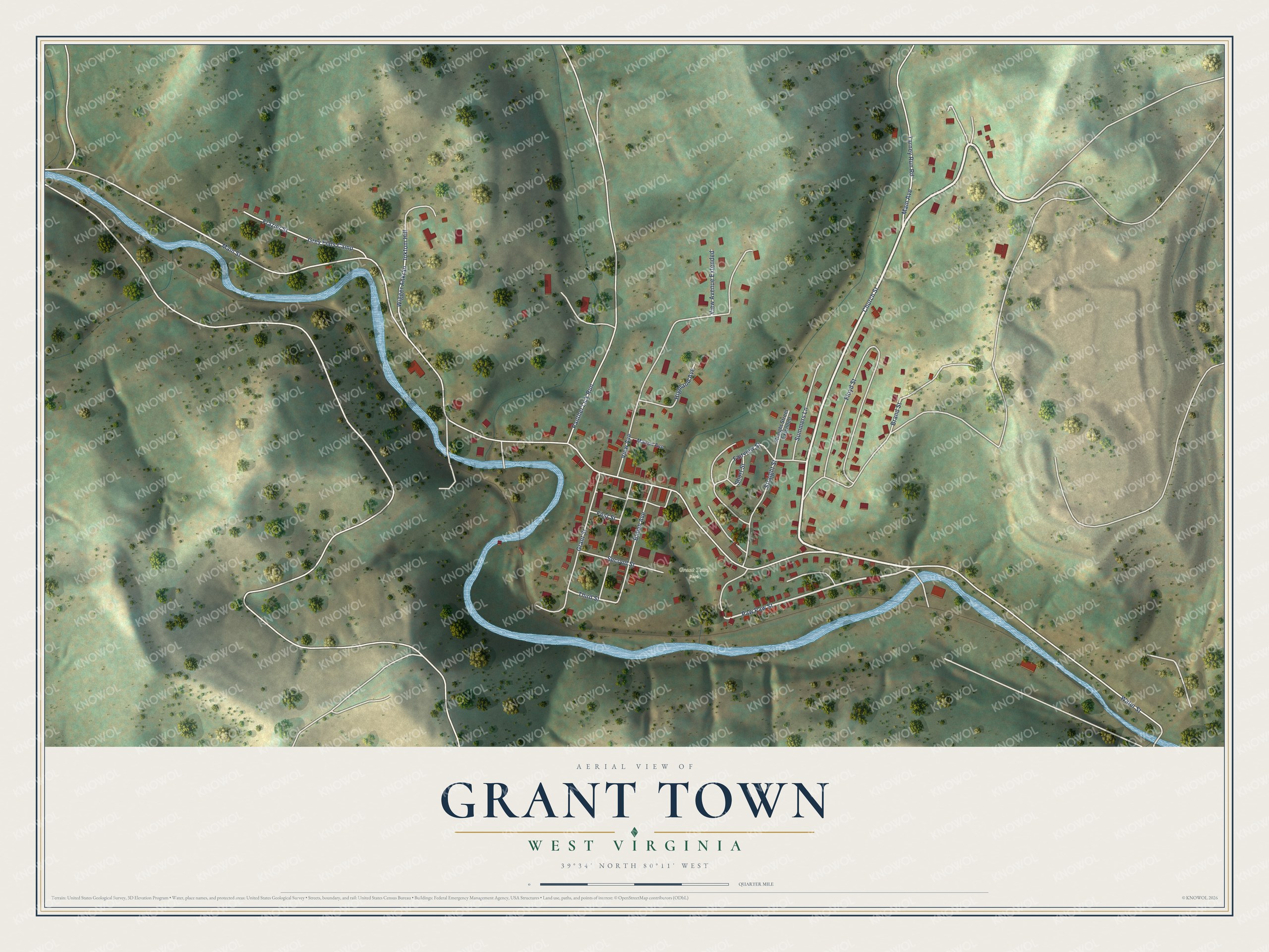 Full map of Grant Town, West Virginia, with red buildings, printed street names and the land around them