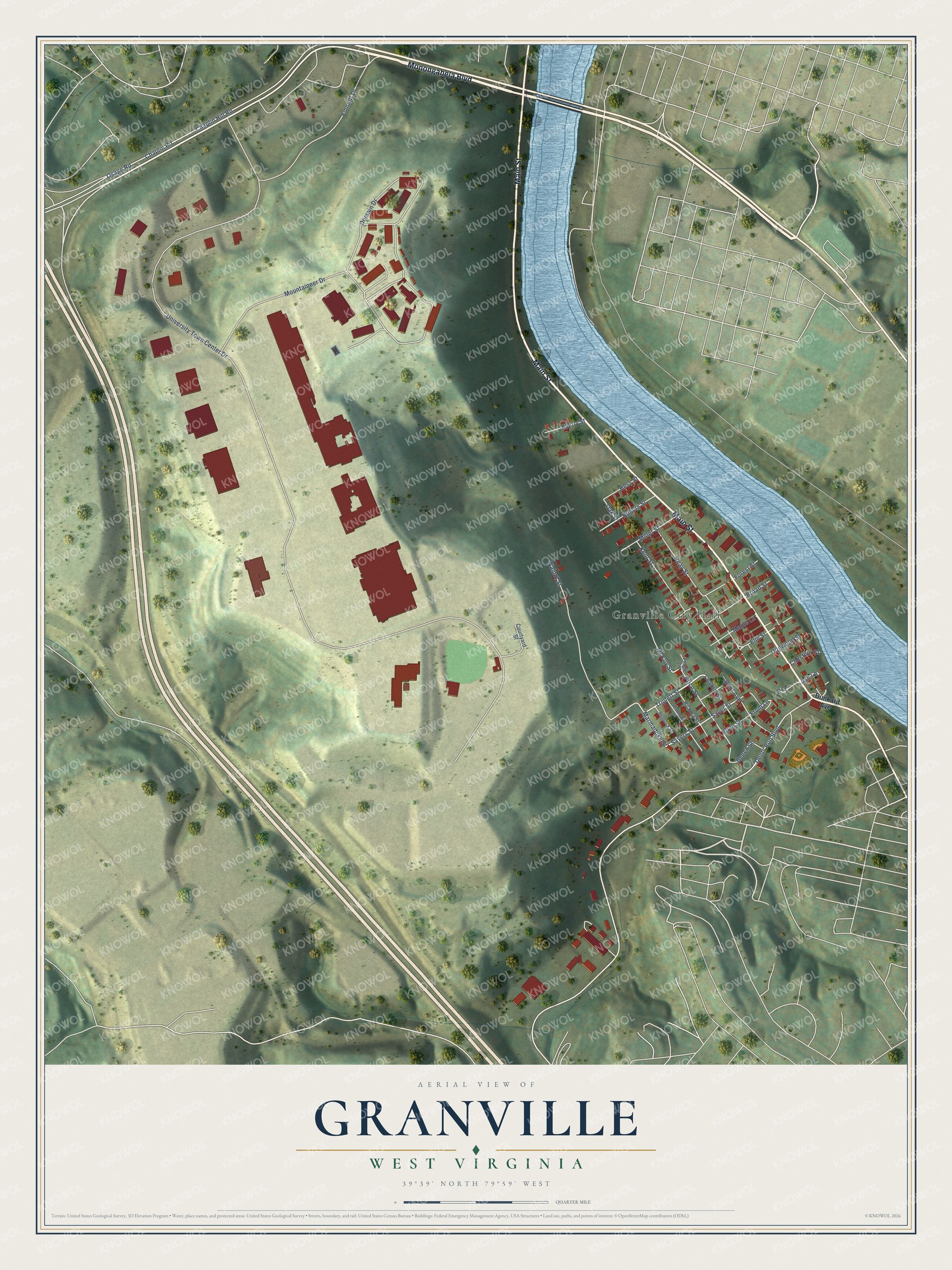 Full map of Granville, West Virginia, with red buildings, printed street names and the land around them